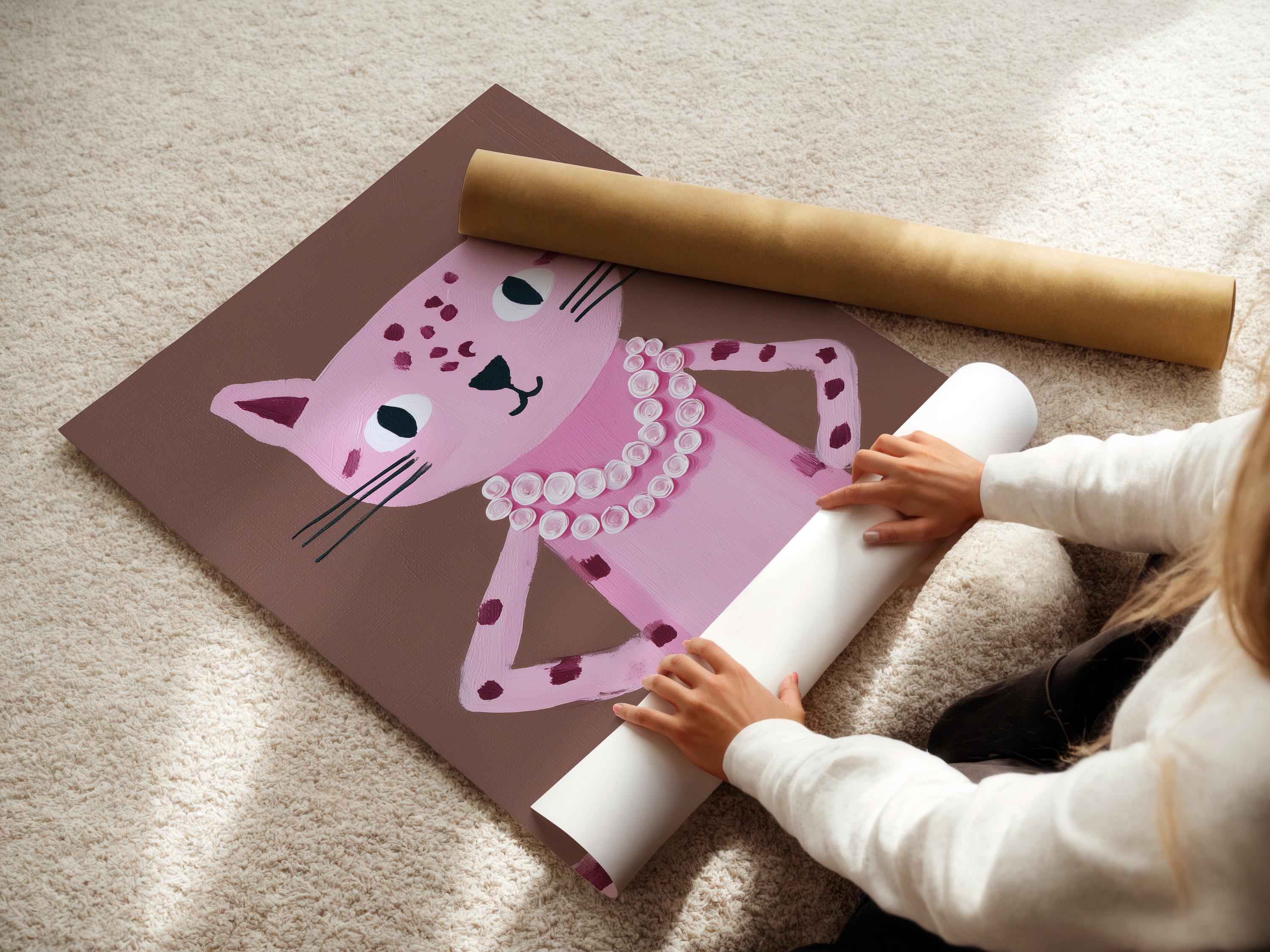 Portrait of a pink cat with large eyes and a white and pink rosette collar on a taupe background detail view