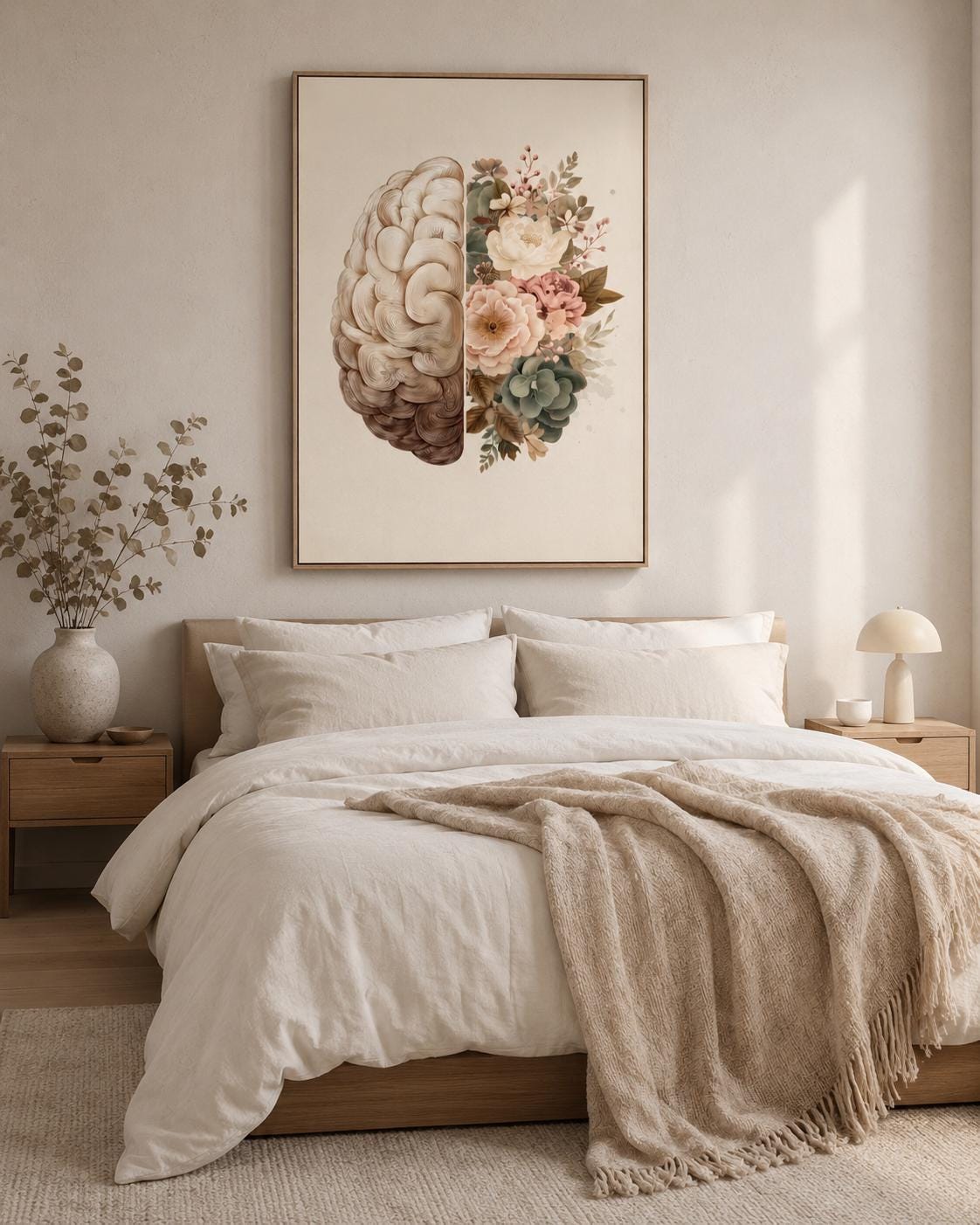 Person reading beside a framed split brain and floral artwork on a floor in a softly lit room