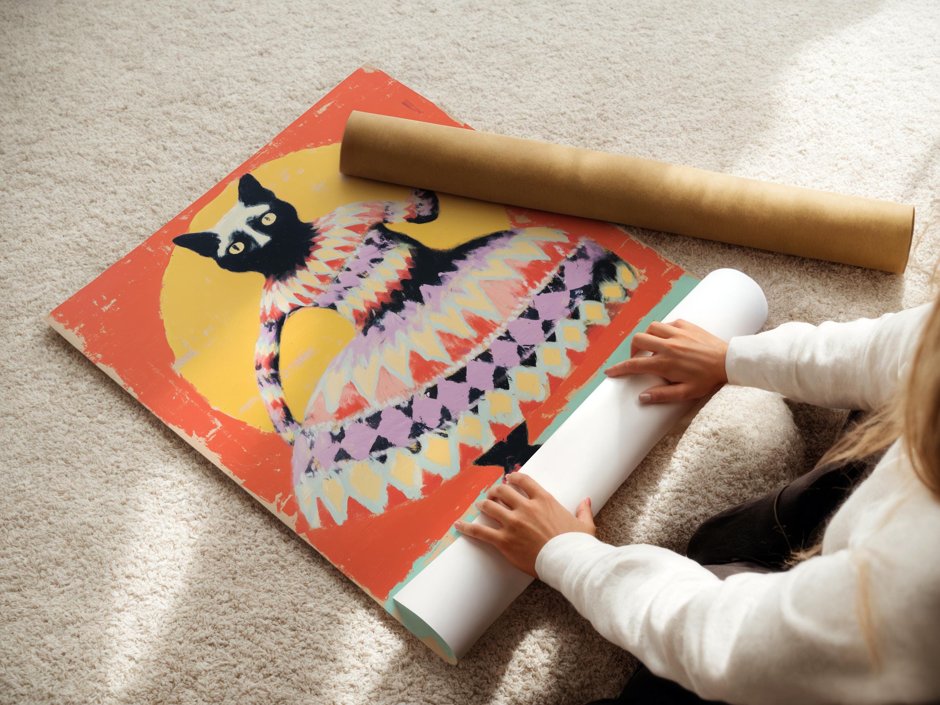 Cat artwork in a framed mockup on a wall with additional frame variations