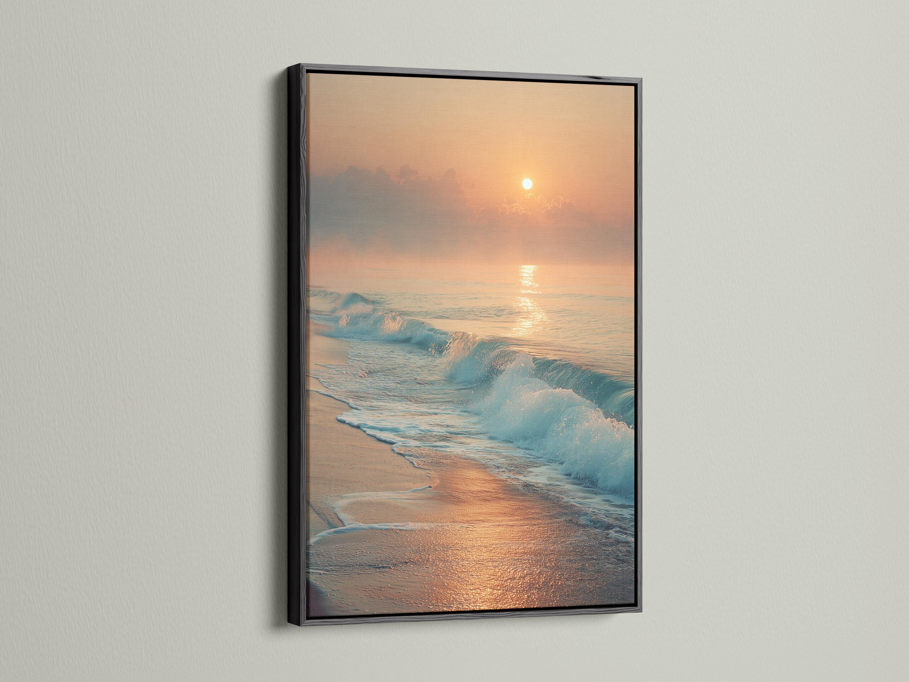 A sunrise seascape shows a glowing sun above layered clouds, with ocean waves rolling onto a sandy shore and reflecting warm light detail view