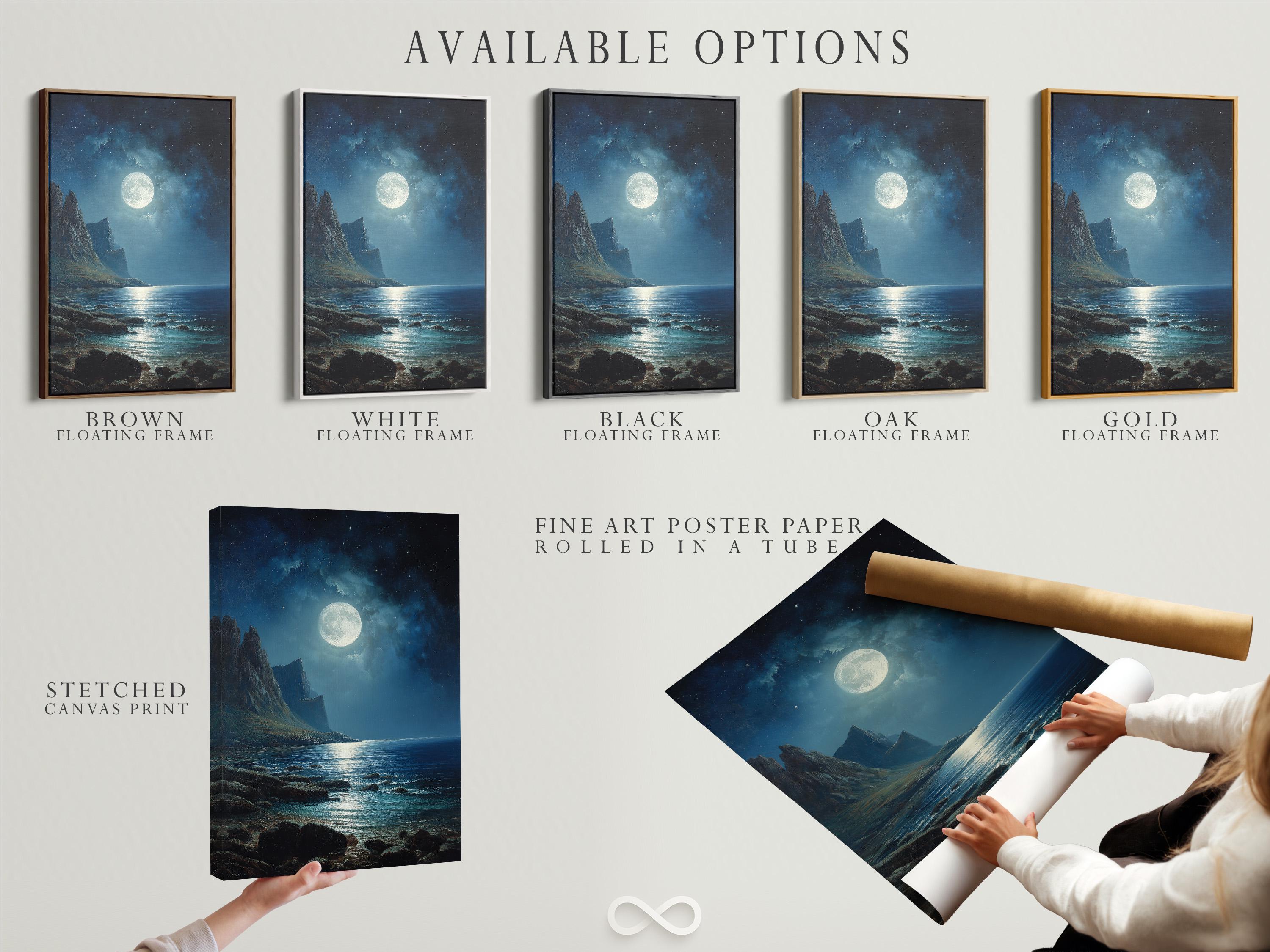 Moonlit ocean seascape with dark cliffs, starry night sky and glowing full moon detail view