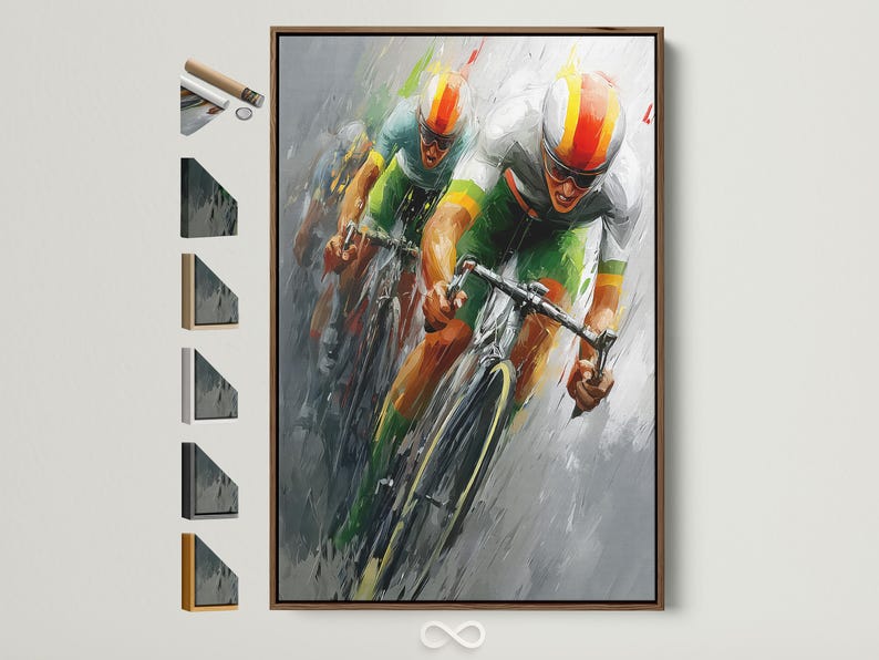 Abstract cyclists racing with bright green, orange and yellow figures on a white textured background