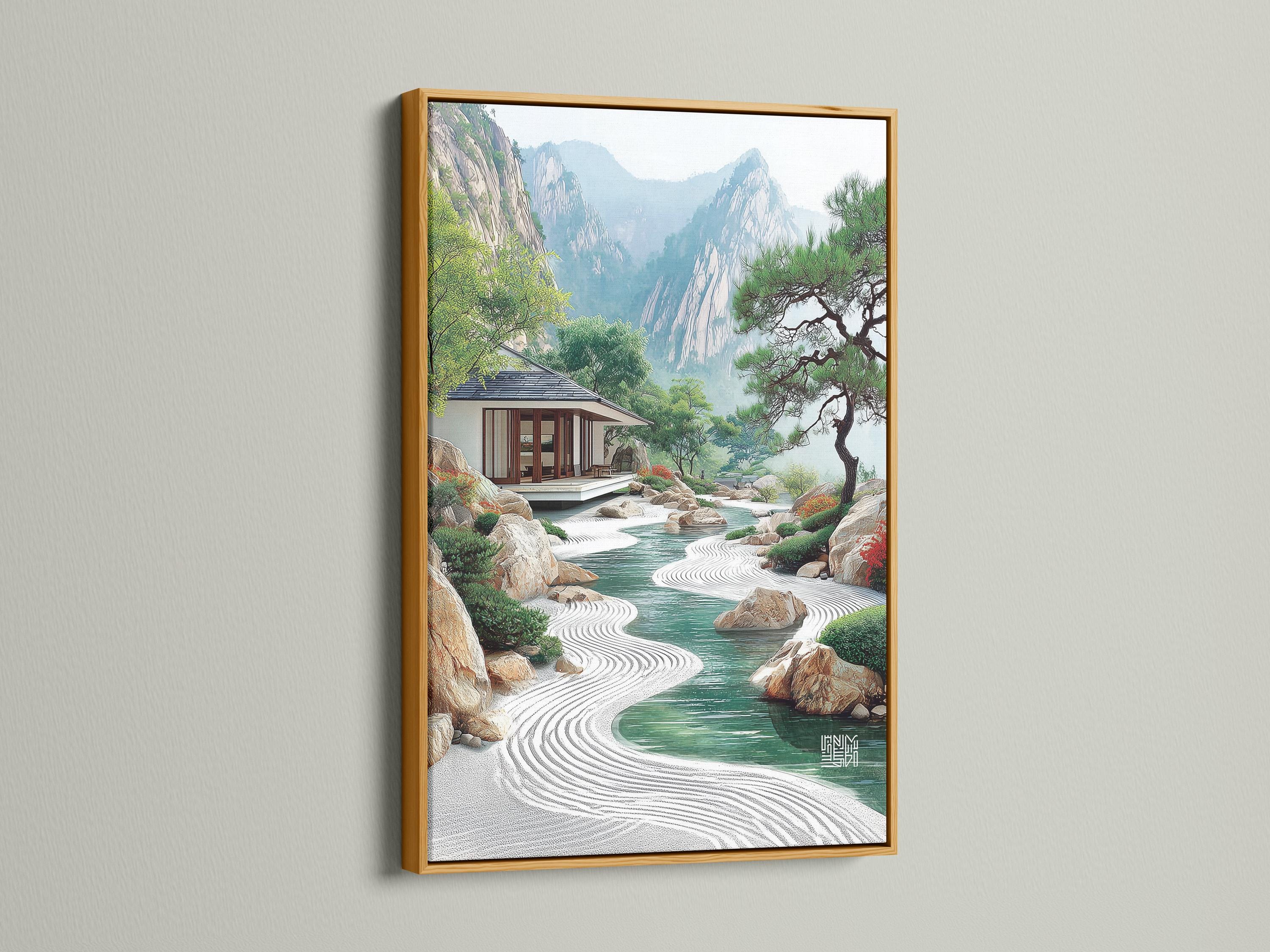 River landscape garden scene with raked sand path, pavilion, rocks, trees and misty mountains detail view