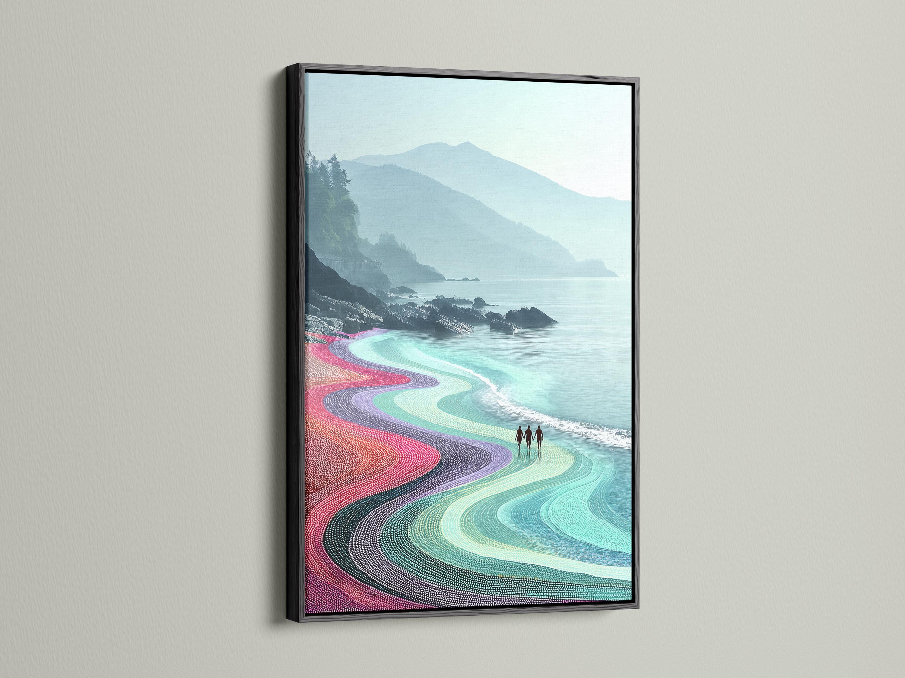 Colourful coastal seascape with turquoise ocean, winding dotted beach and misty hills detail view