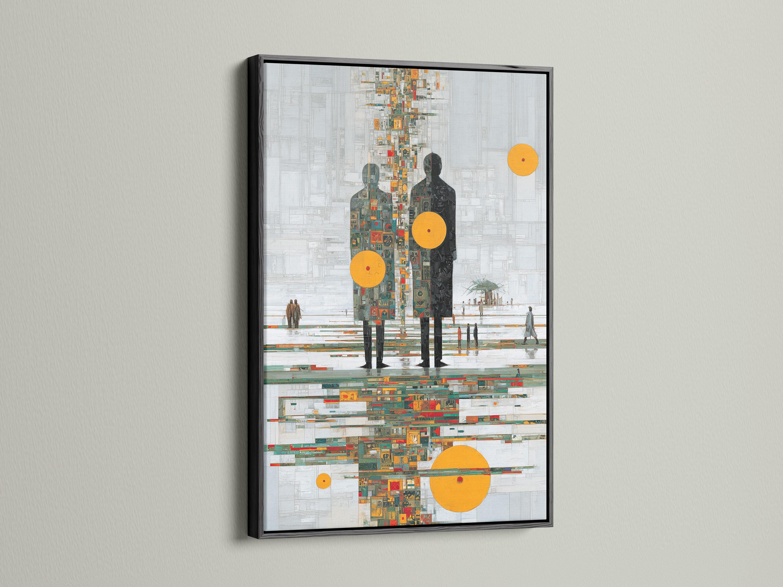 Stylised human figures on a light grey grid background with mustard-yellow circles and colourful mosaic tiles detail view