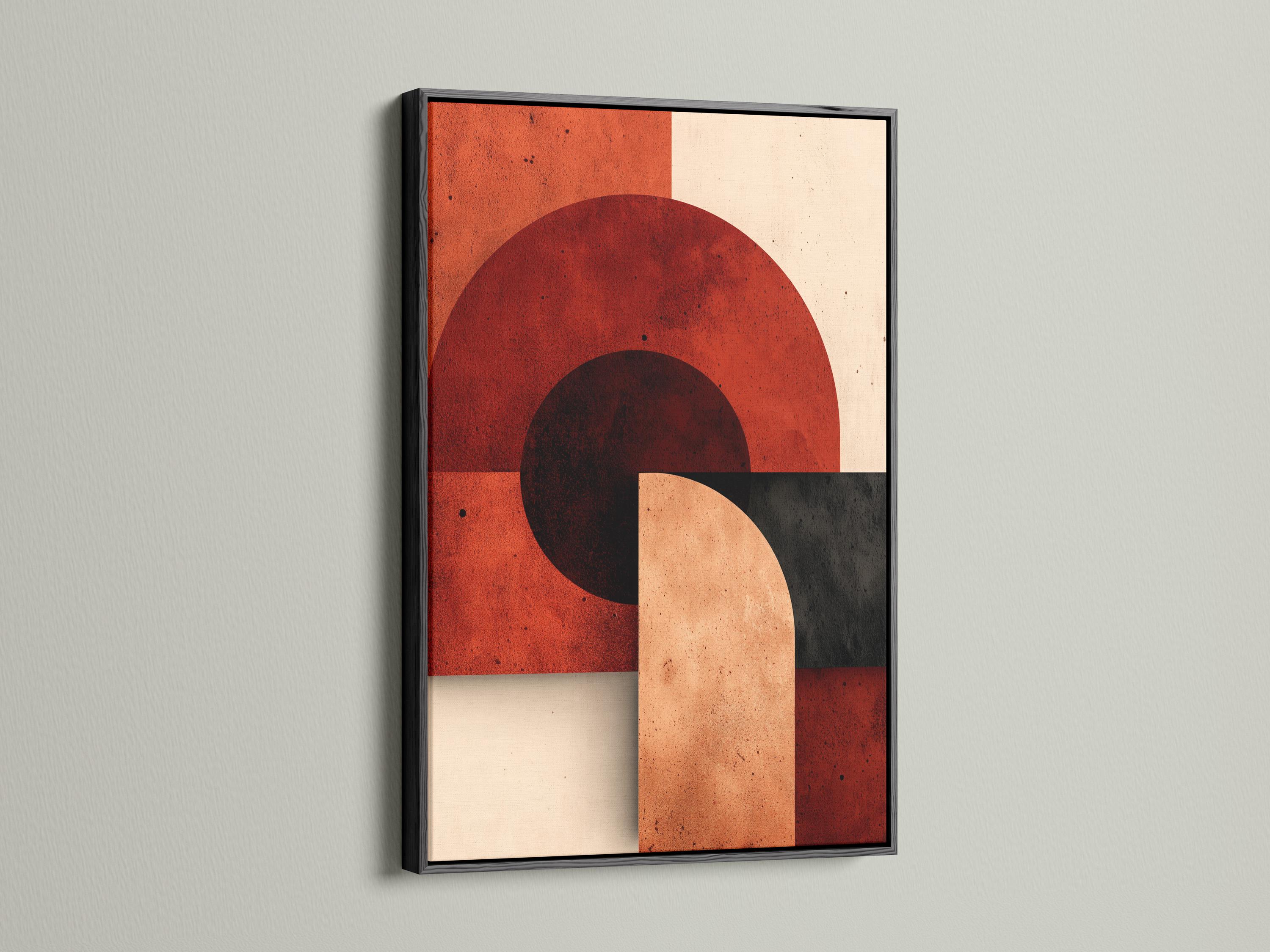 Abstract geometric artwork in a framed setup with rust red, beige and charcoal circles