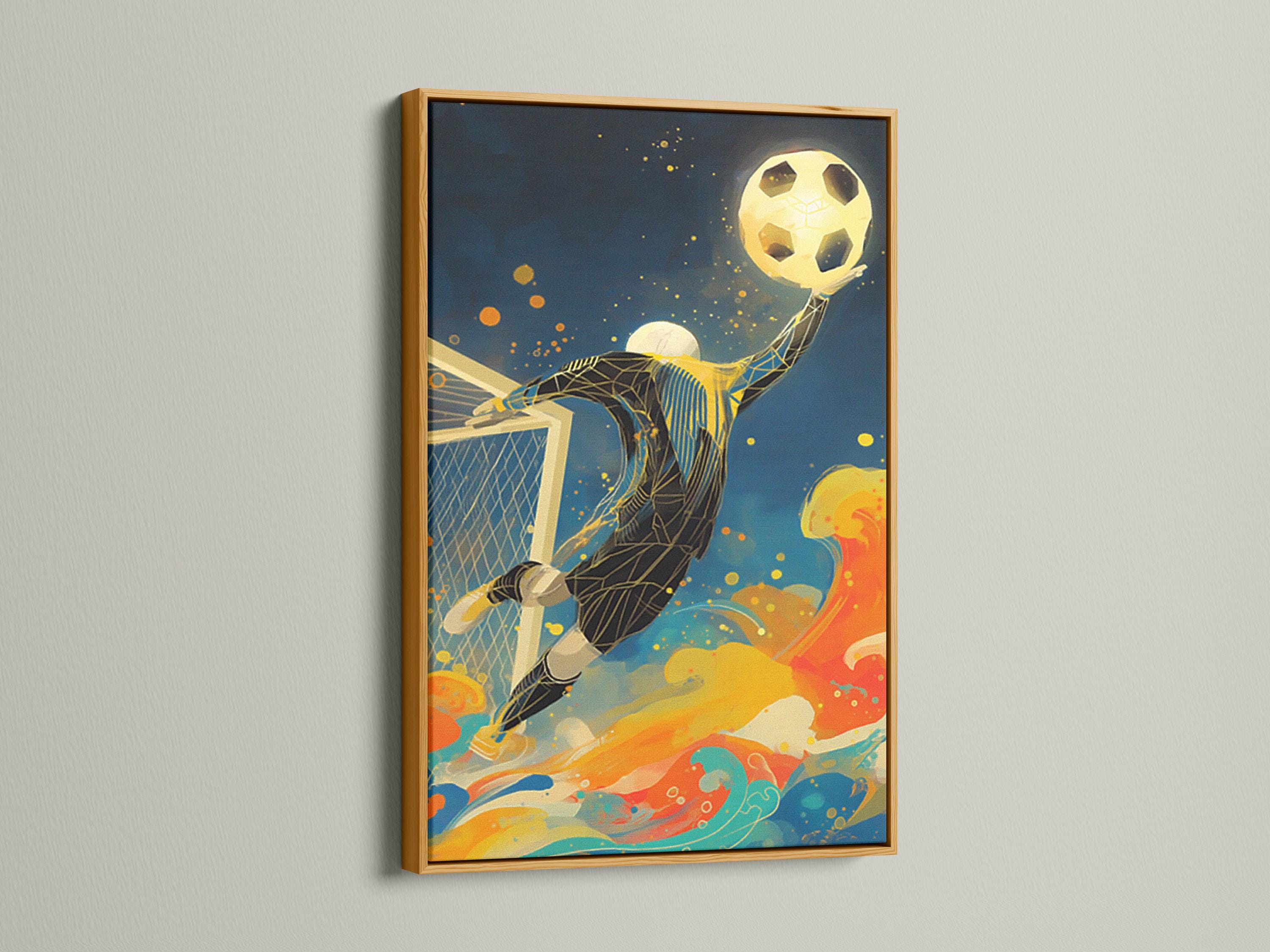 A stylised soccer goalkeeper reaching toward a glowing yellow ball with a goal net and colourful swirls detail view