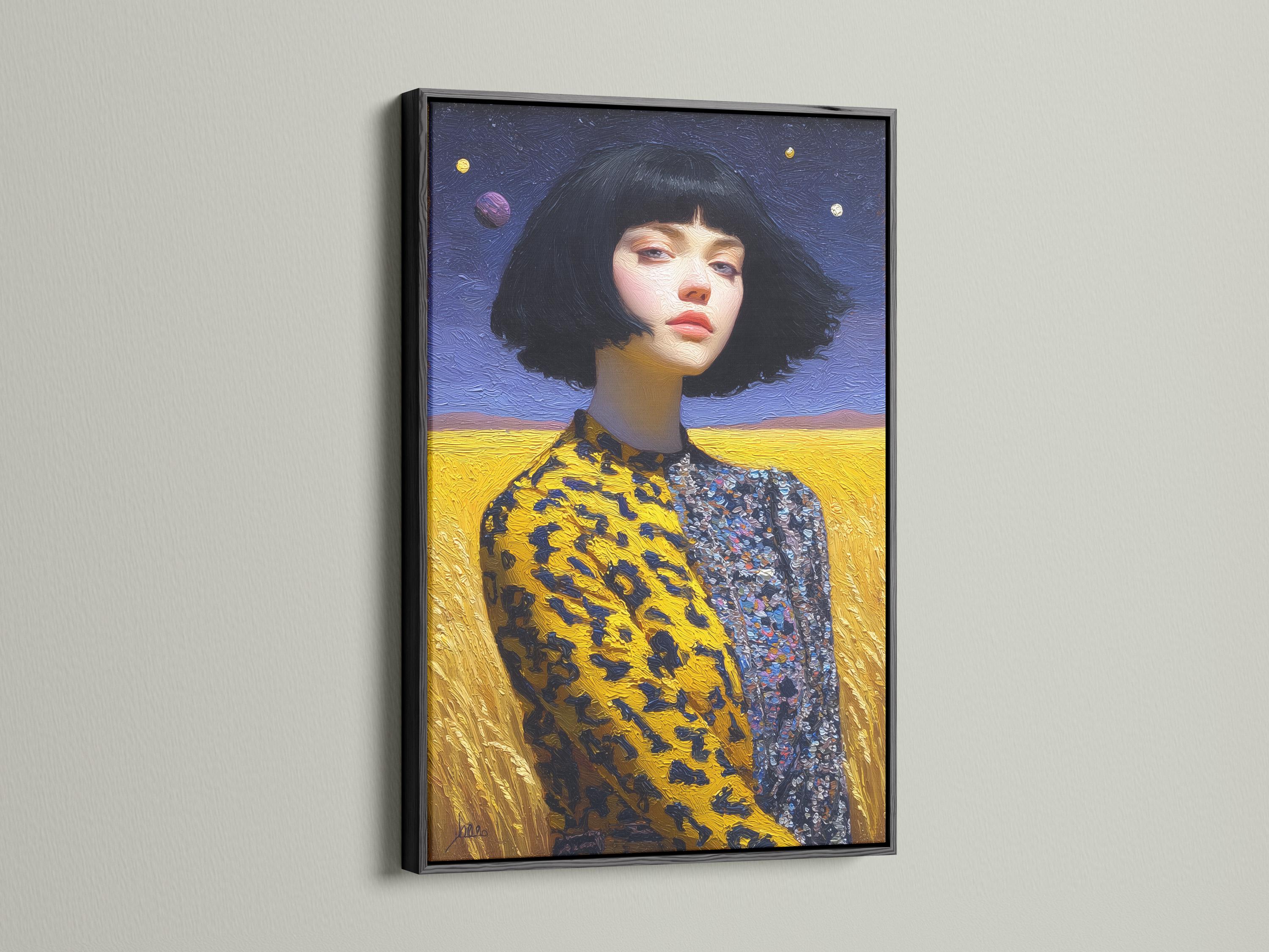 Stylised woman portrait with bob haircut against starry blue sky and golden landscape detail view