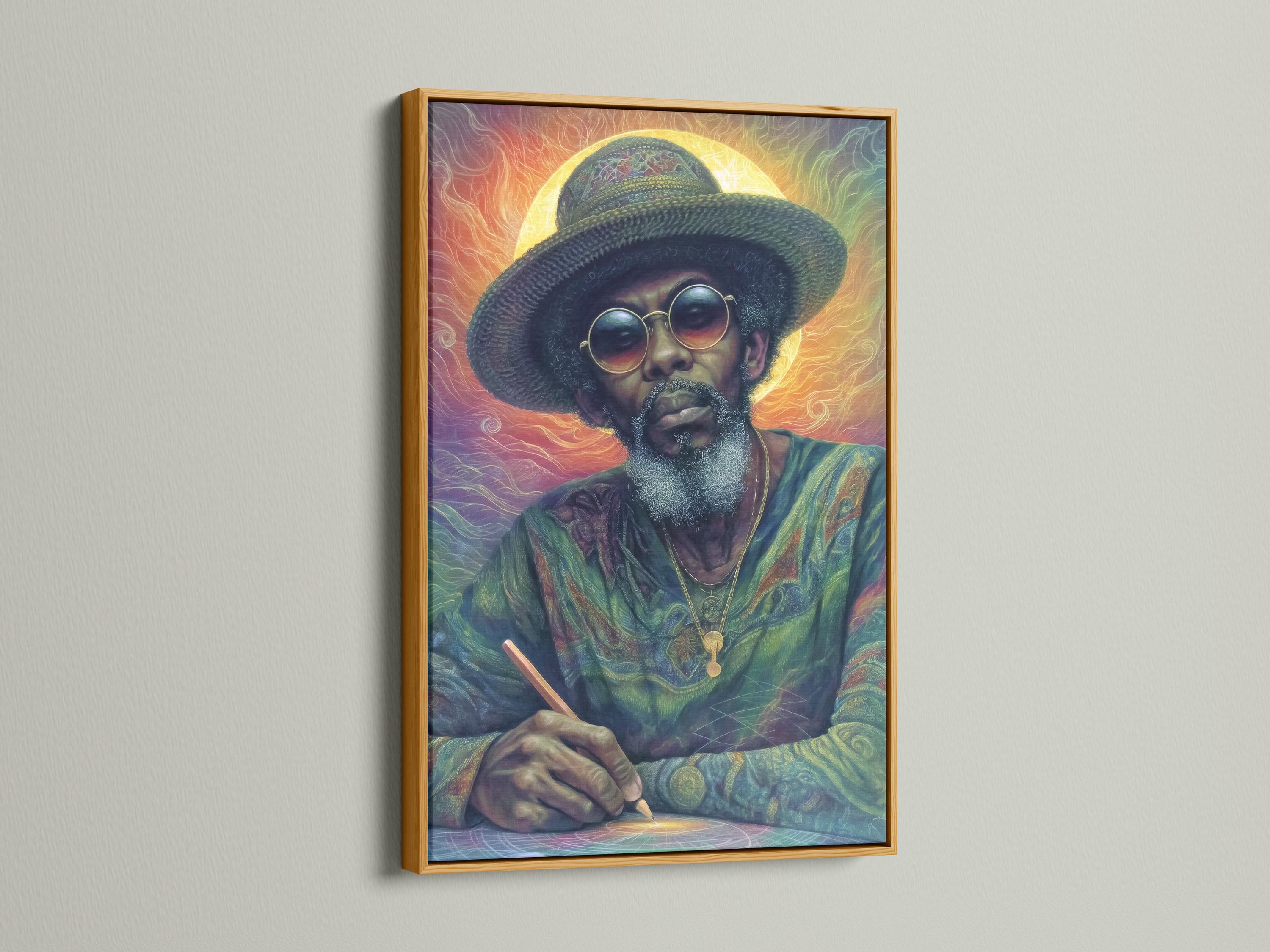 Stylised portrait of a man wearing a wide-brimmed hat and round glasses with a warm glowing halo background detail view