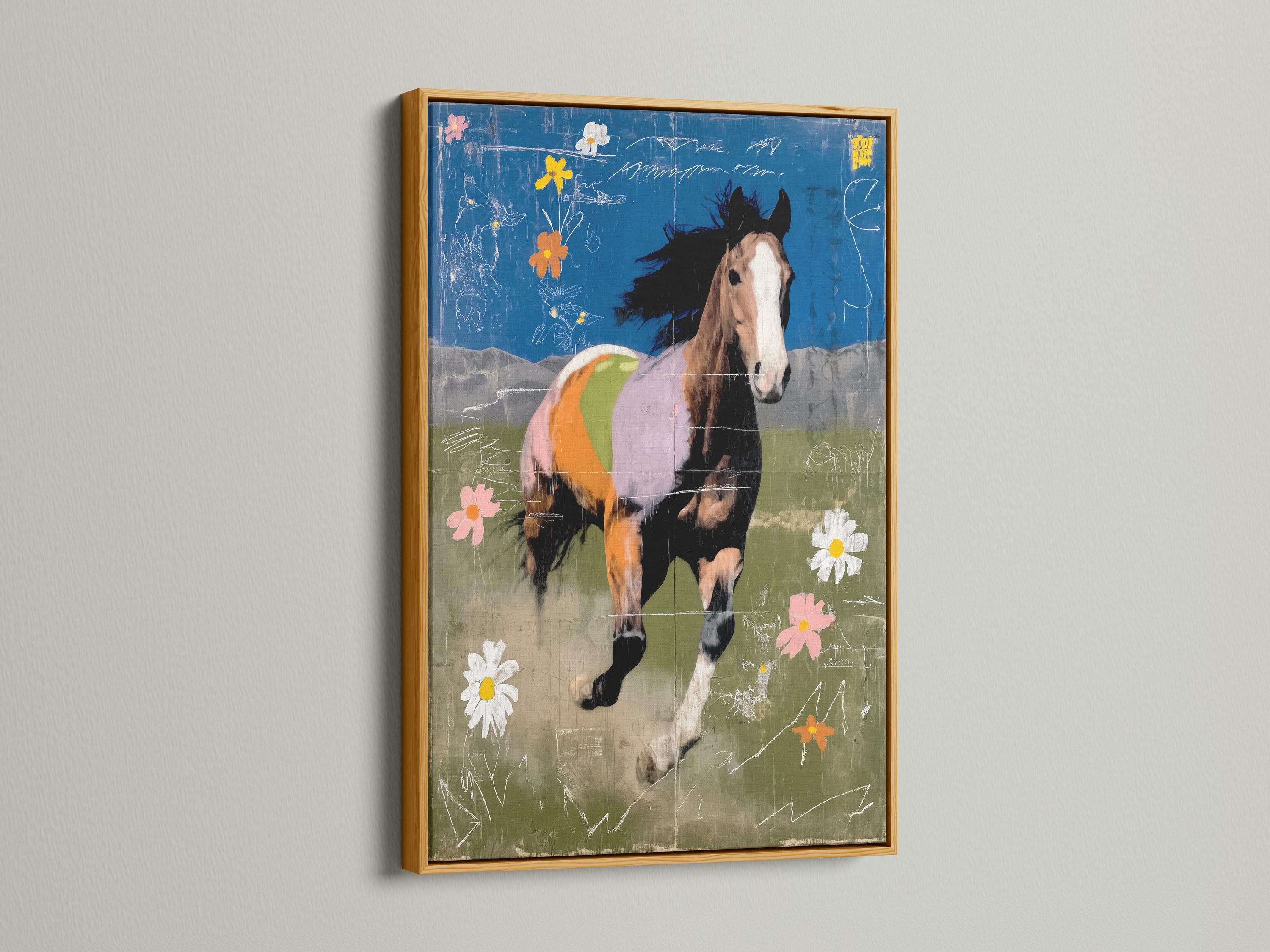 Running horse artwork with flowers and white scribble linework on blue and green background detail view