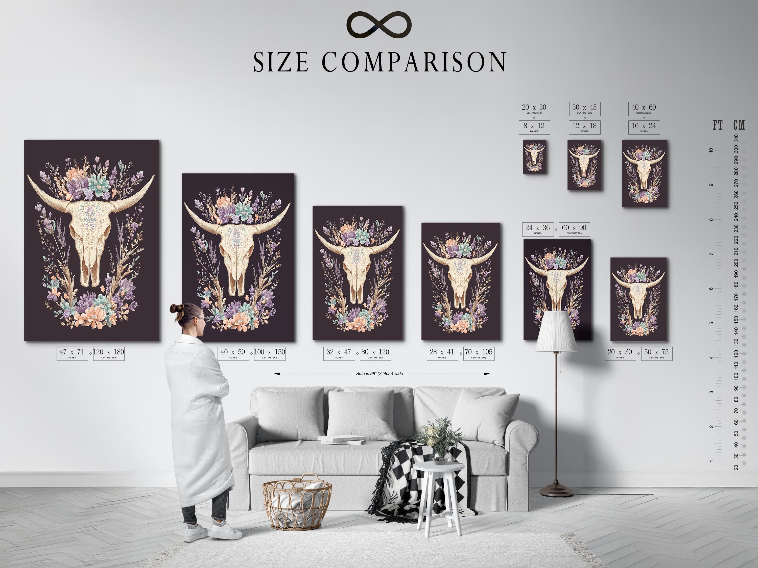 Bull skull illustration surrounded by a wreath of pastel wildflowers on a dark mauve background detail view