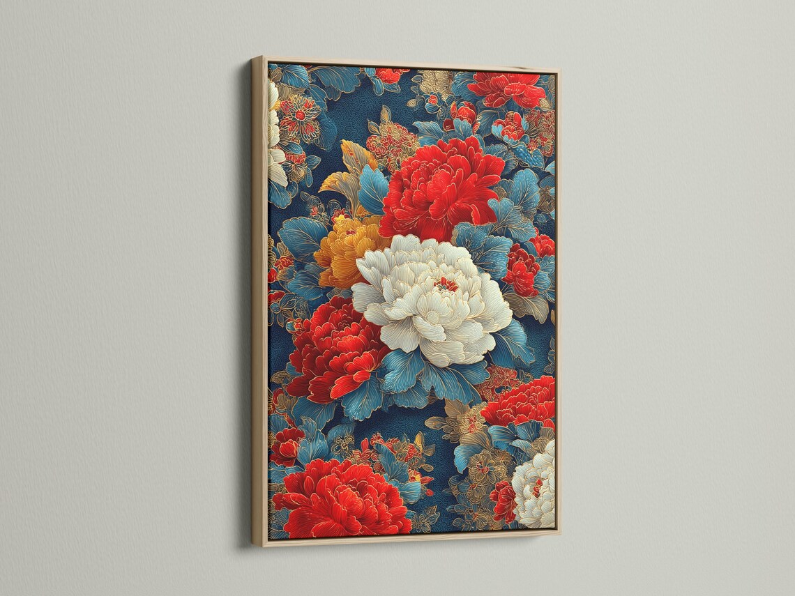Wall mockup showing an ornate floral artwork with red peonies and cream petals framed against a light background