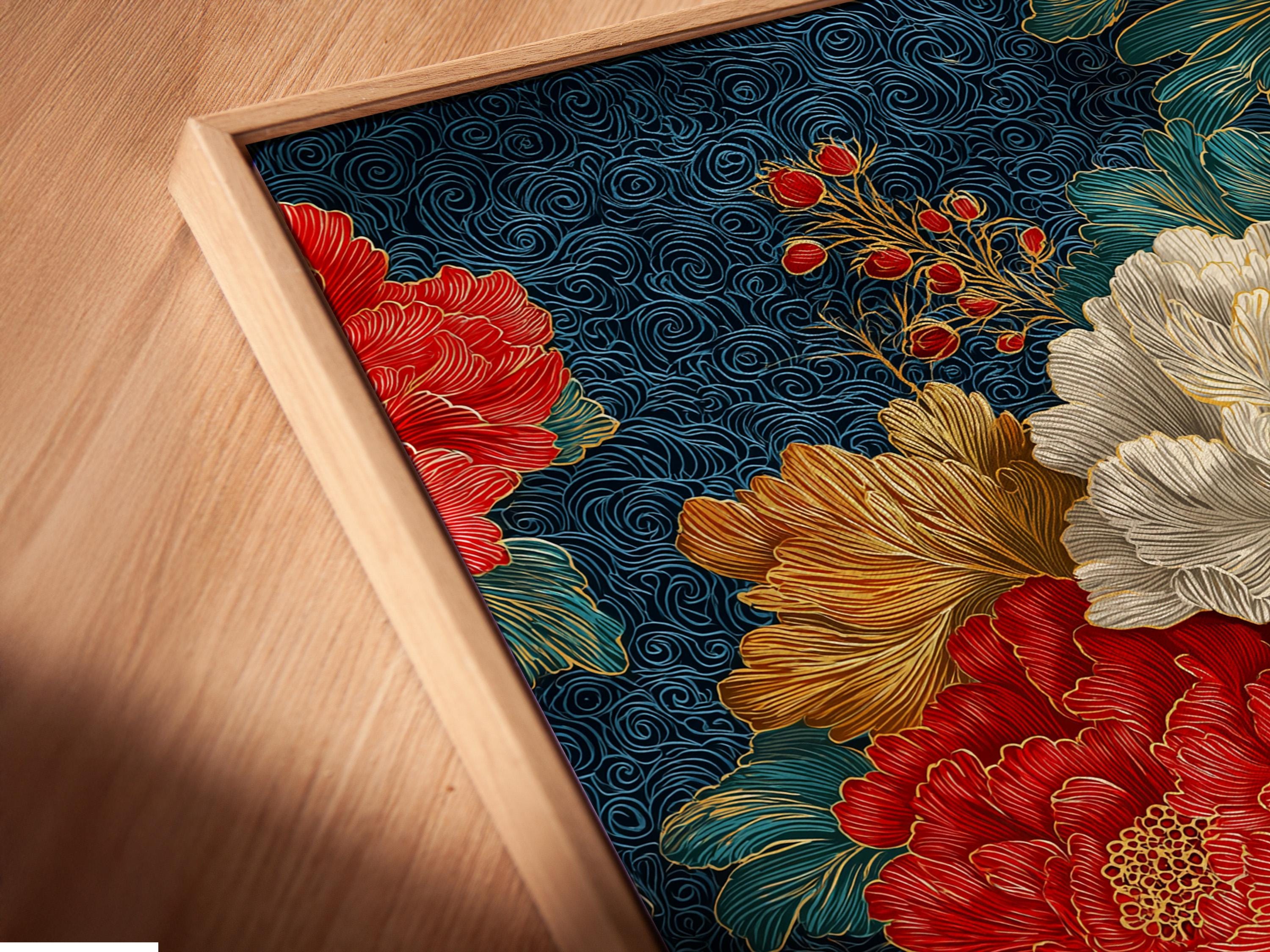 Peony floral artwork displayed in a frame over a light background, with alternate frame options shown