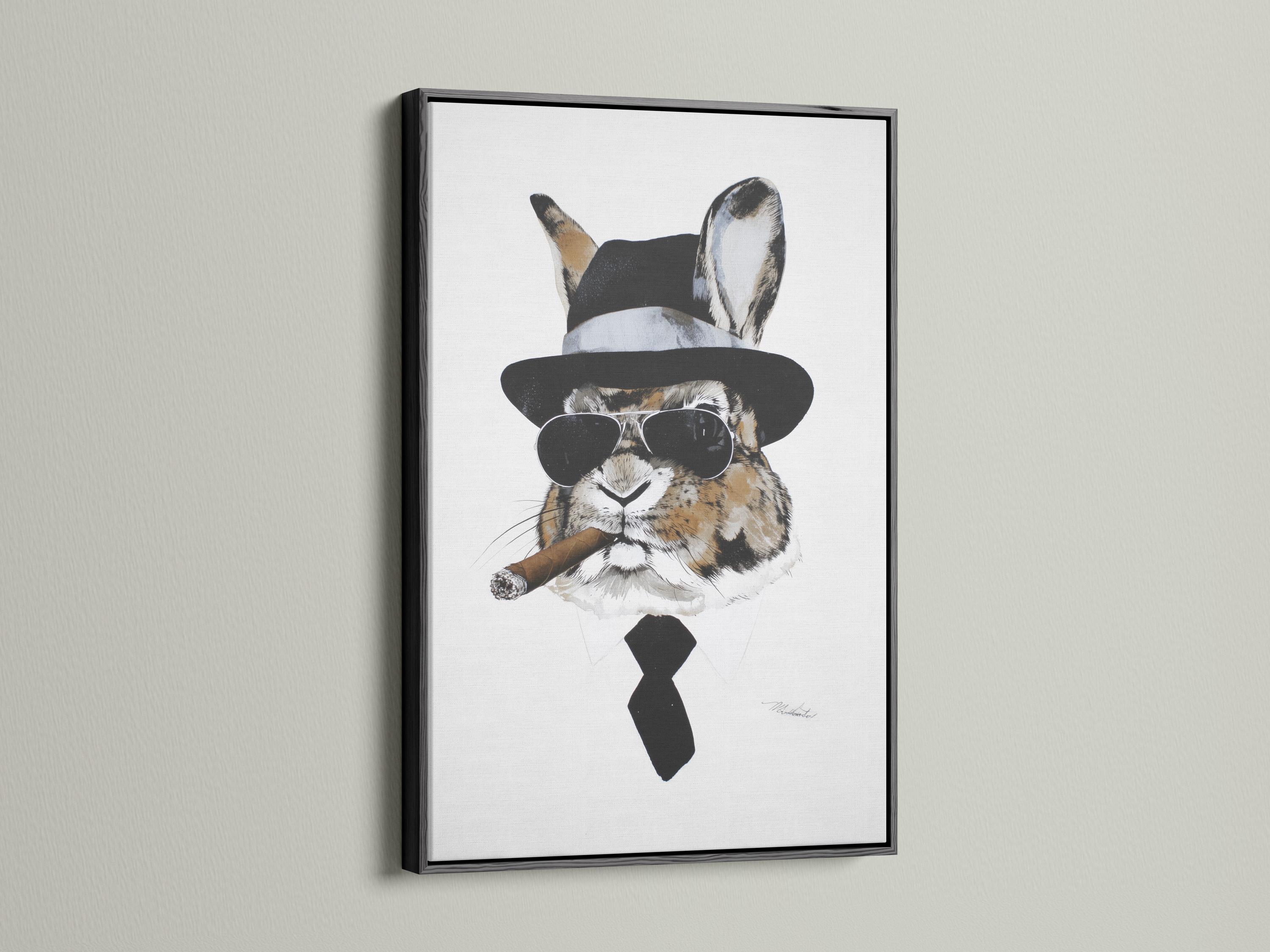 Illustrated rabbit wearing a black top hat, round sunglasses and bow tie on a light background detail view