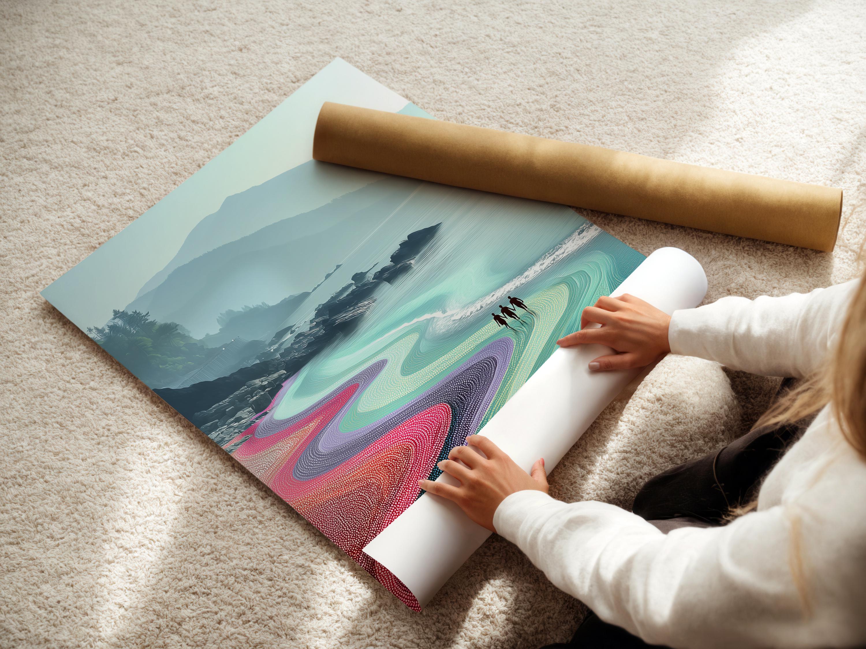 Colourful coastal seascape with turquoise ocean, winding dotted beach and misty hills detail view