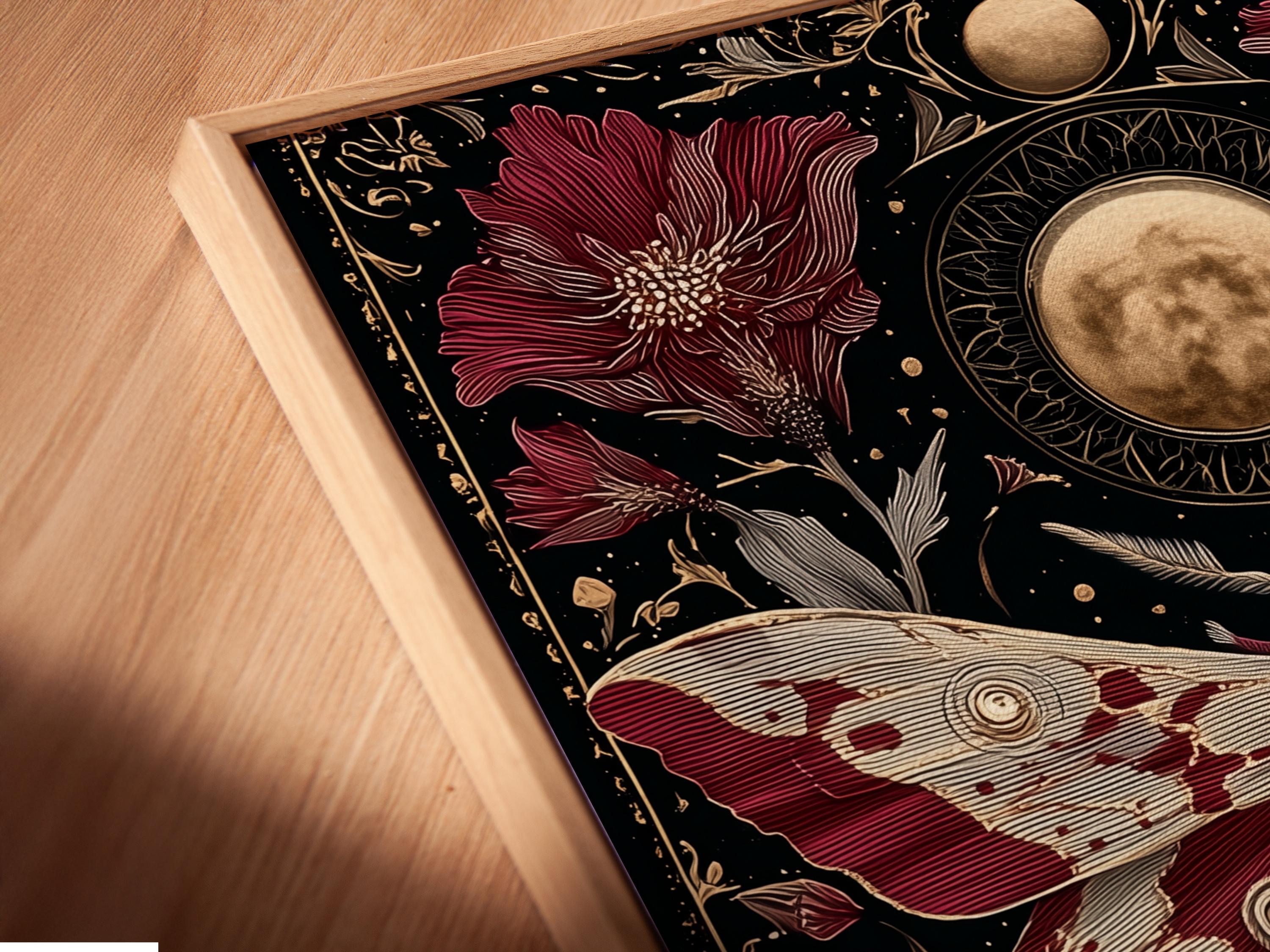 A dark, gothic-style moth illustration with burgundy wings and gold celestial moon motifs, surrounded by botanical florals on a near-black background