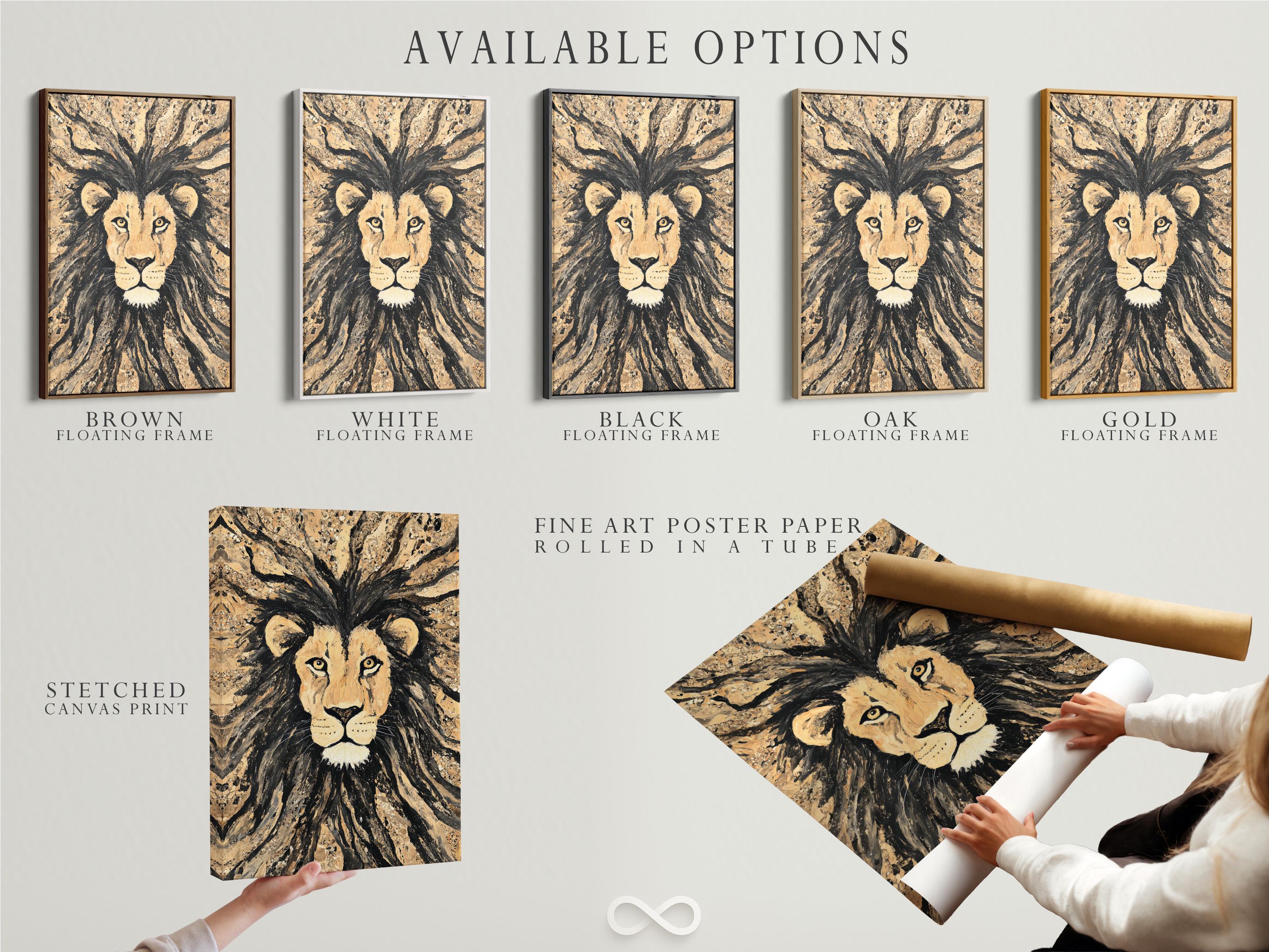 Stylised lion portrait with radiating mane strokes in beige, black and gold tones detail view