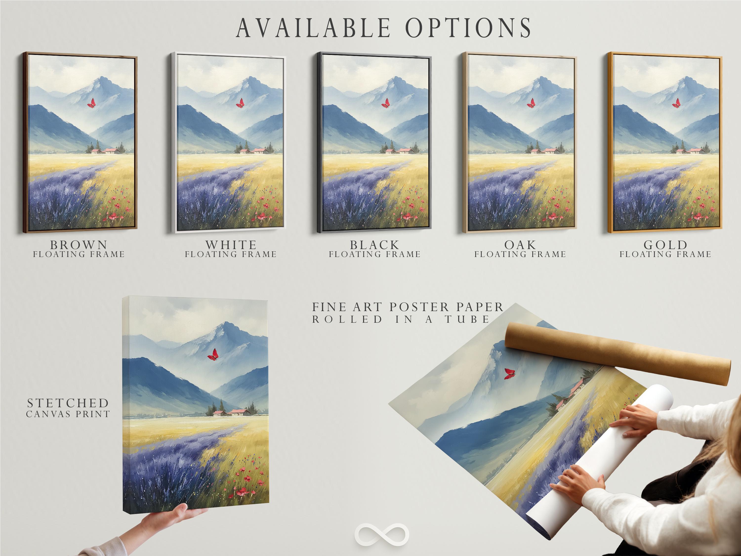 Room mockup showing a framed blue mountain landscape artwork with a red butterfly