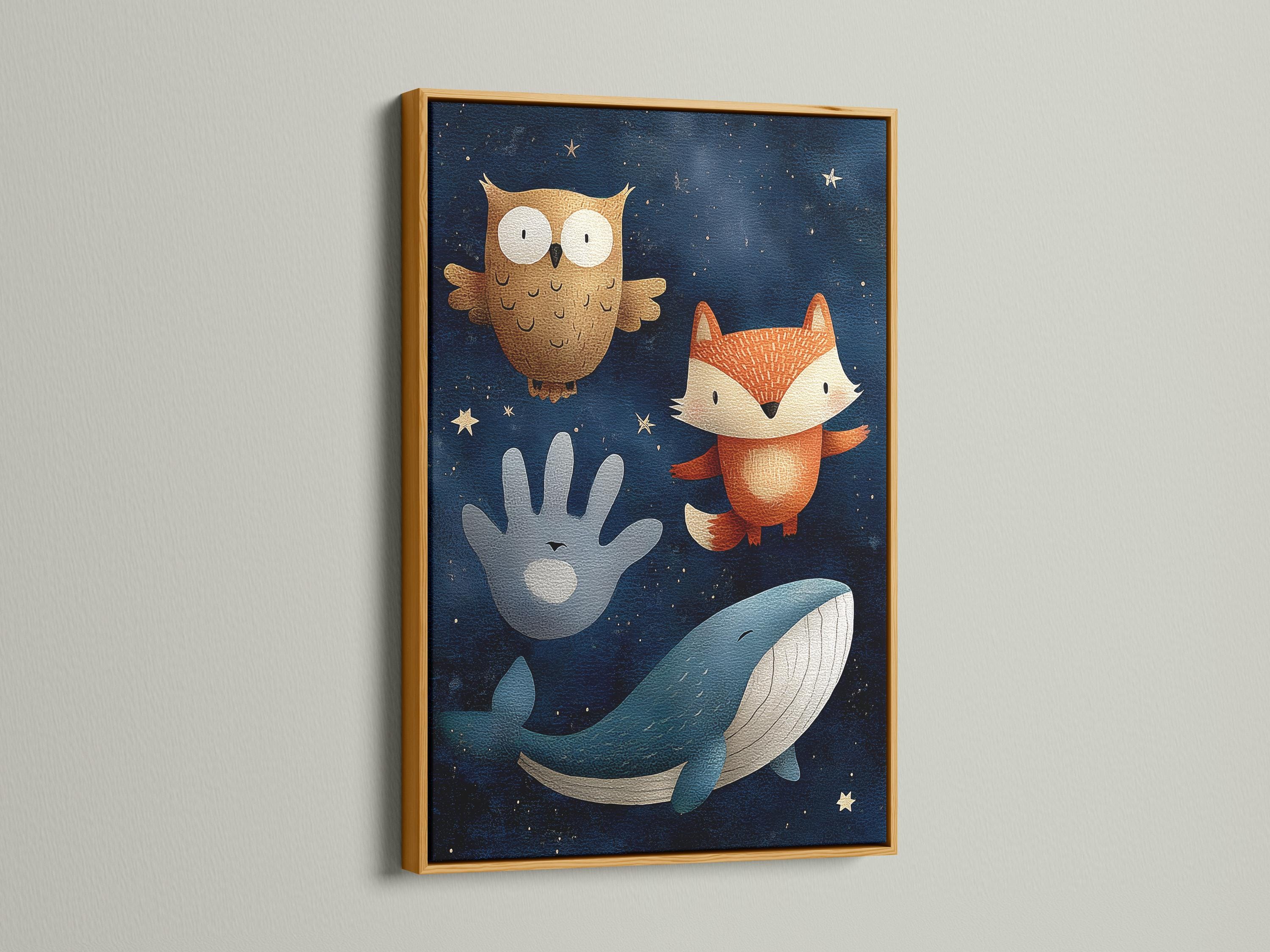 Illustrated whale, fox and owl in a navy starry-night scene with stars detail view