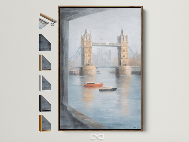 Painterly bridge over calm river with two boats, tower-like buildings and misty sky