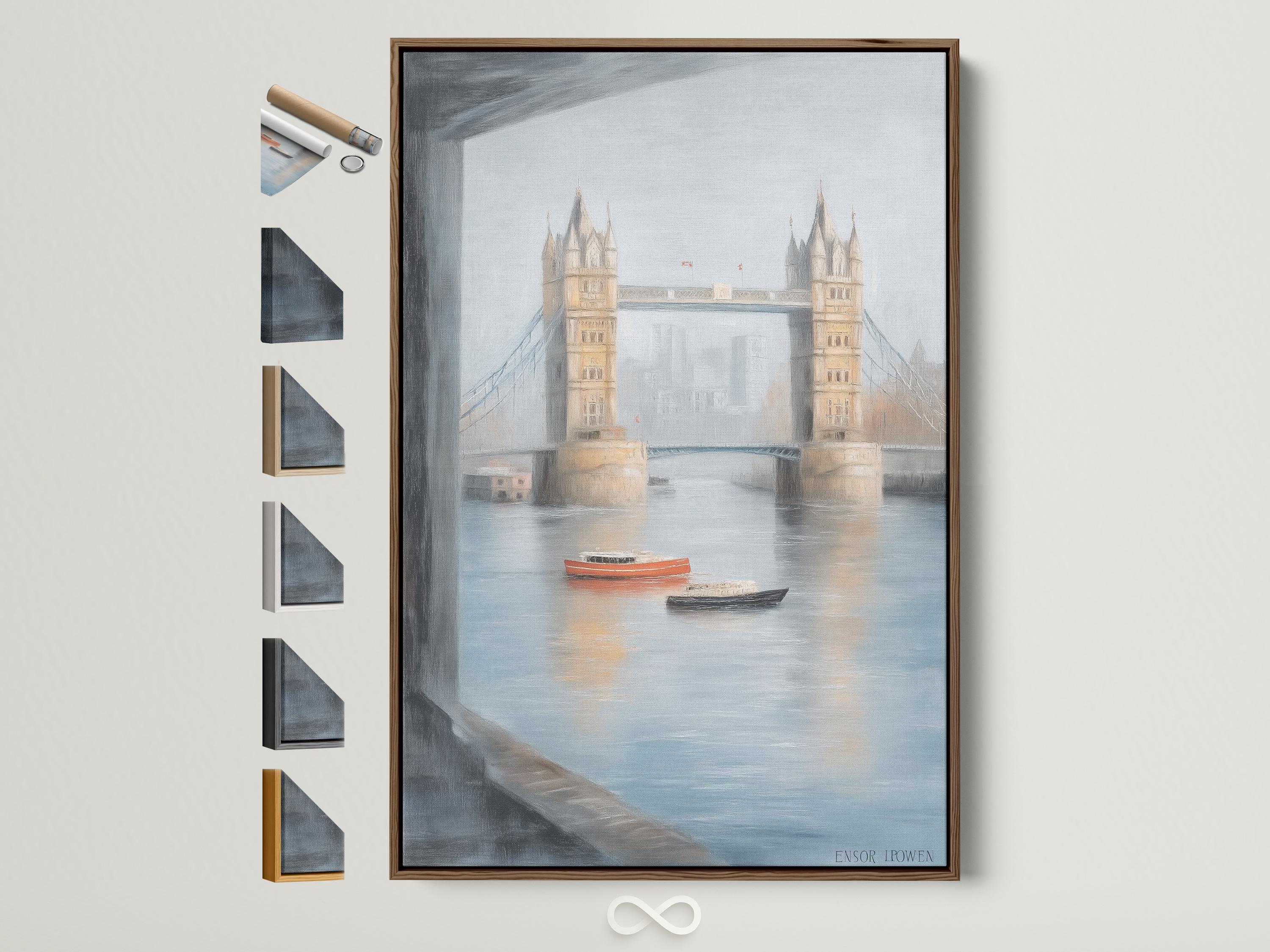 Painterly bridge over calm river with two boats, tower-like buildings and misty sky