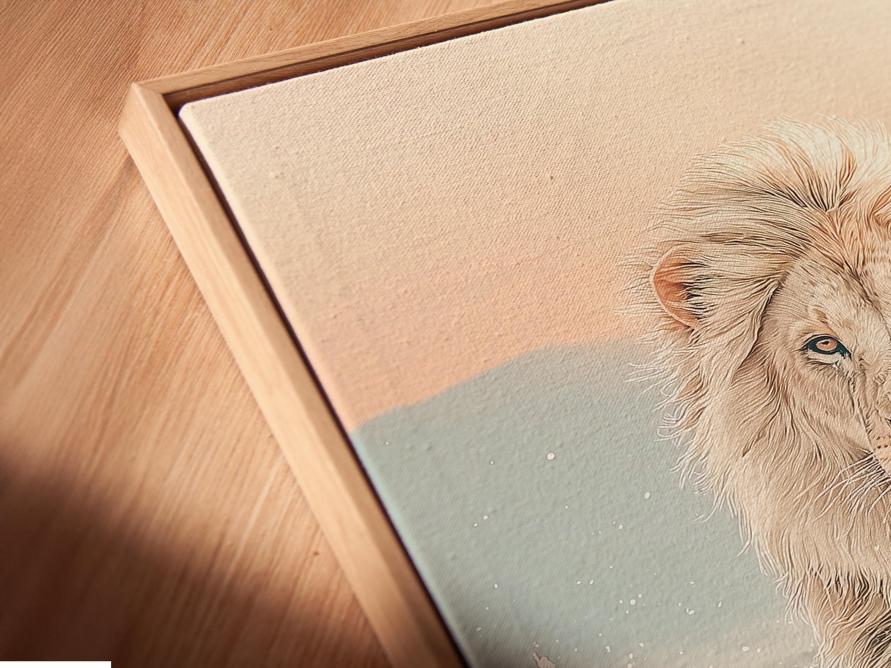 Neutral lion standing in a soft savannah scene with reeds, hills and small birds detail view