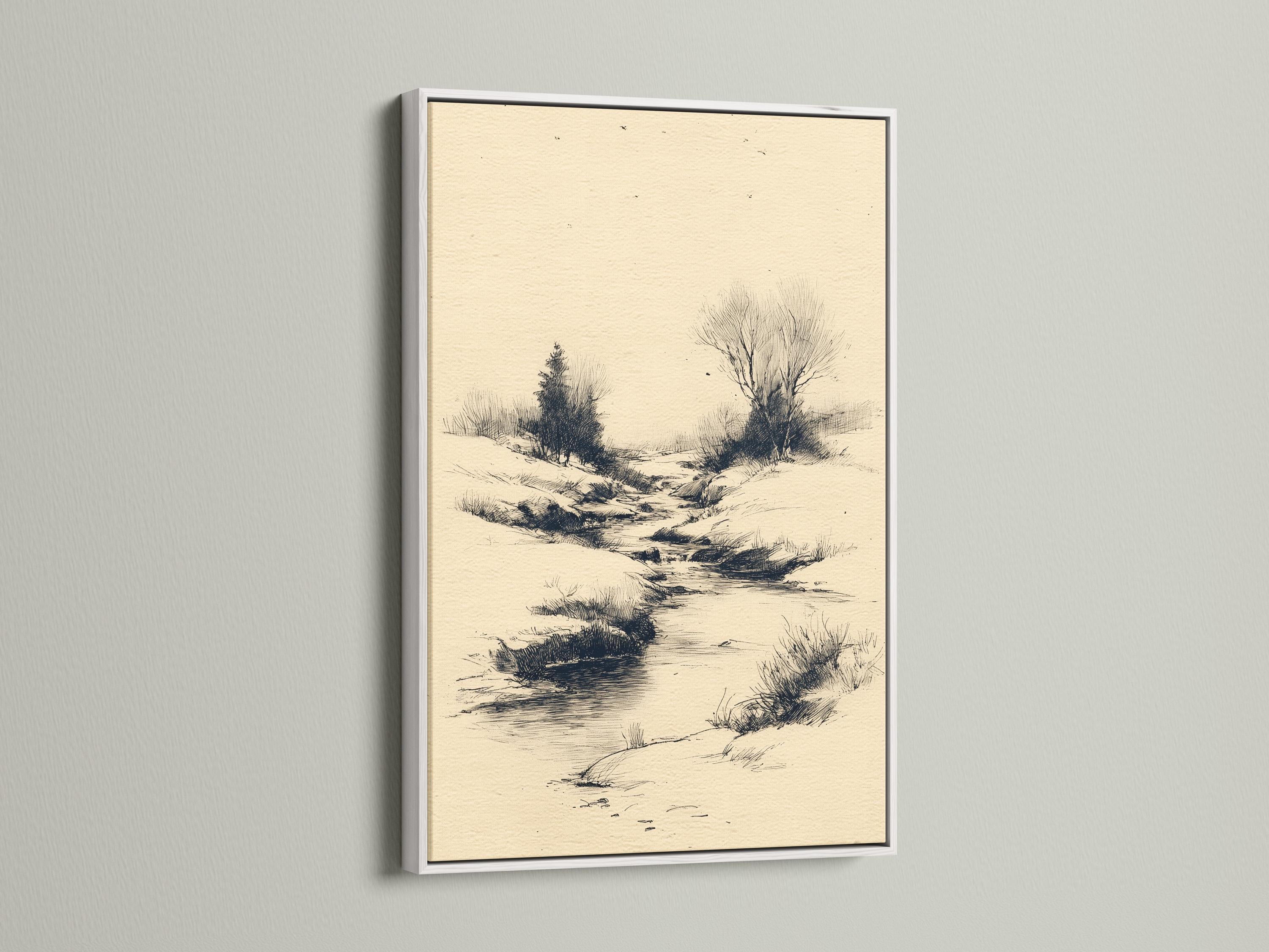 Woman holding a large framed beige river landscape sketch on a light wall in a bright room