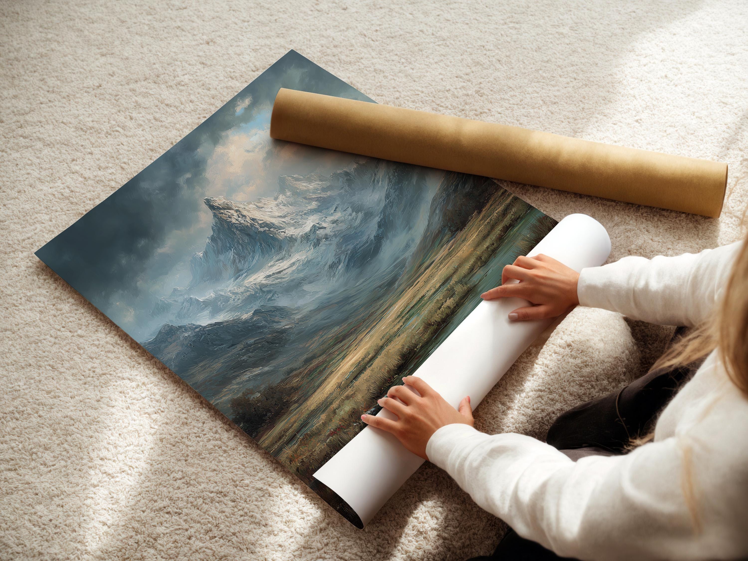 Room mockup showing a framed mountain landscape artwork on a wall