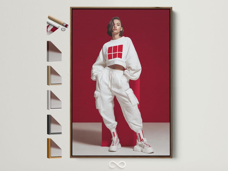Stylised fashion portrait of a woman in white streetwear with a grid logo on a deep red background
