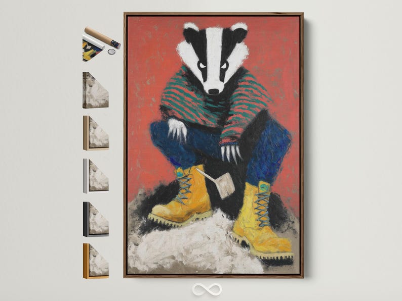 A stylised badger portrait fills the centre, with bold coral-red stripes and blue-and-yellow clothing-like shapes beneath a folk-art colour palette