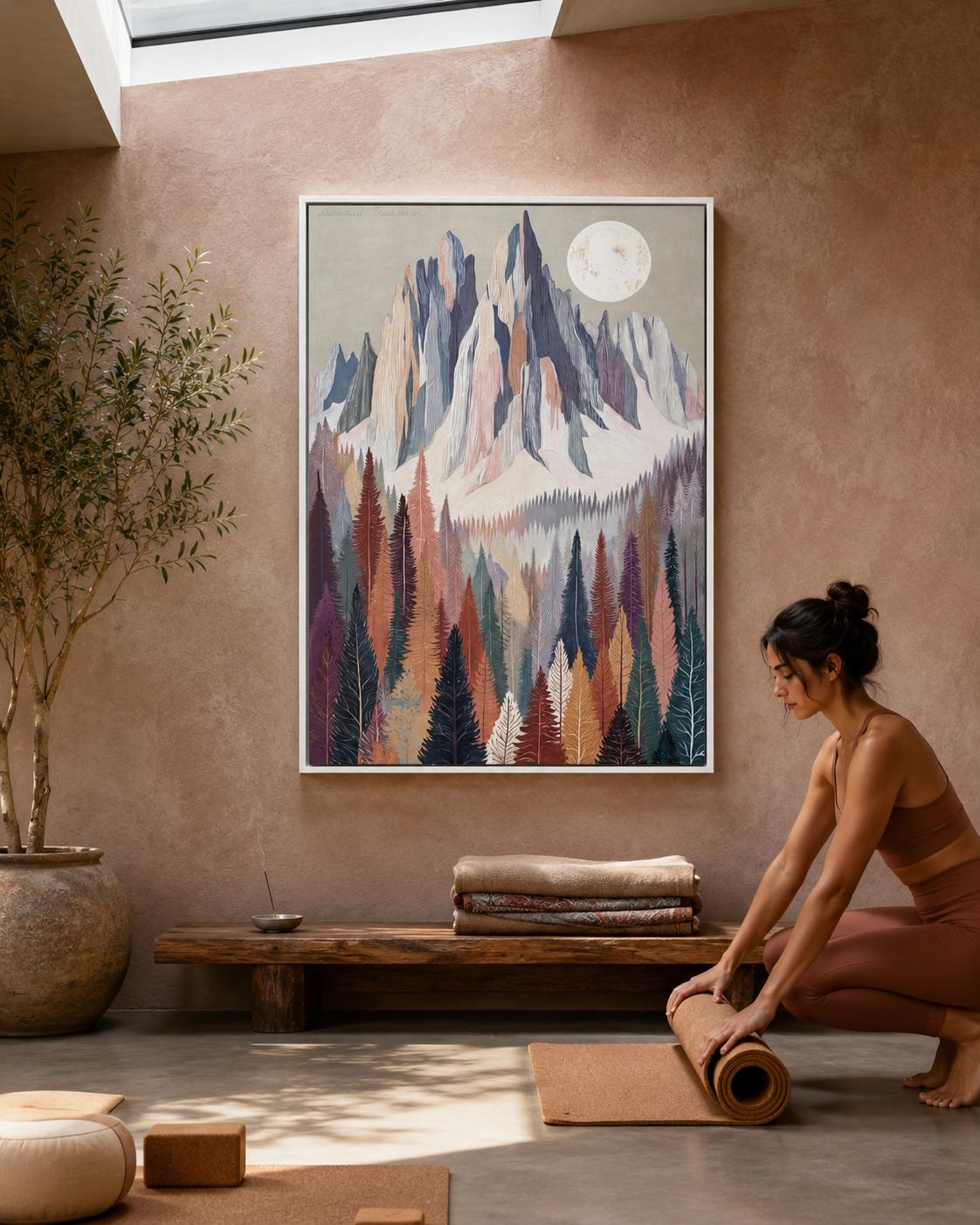 Pastel mountain and conifer forest landscape with a pale moon in the sky detail view