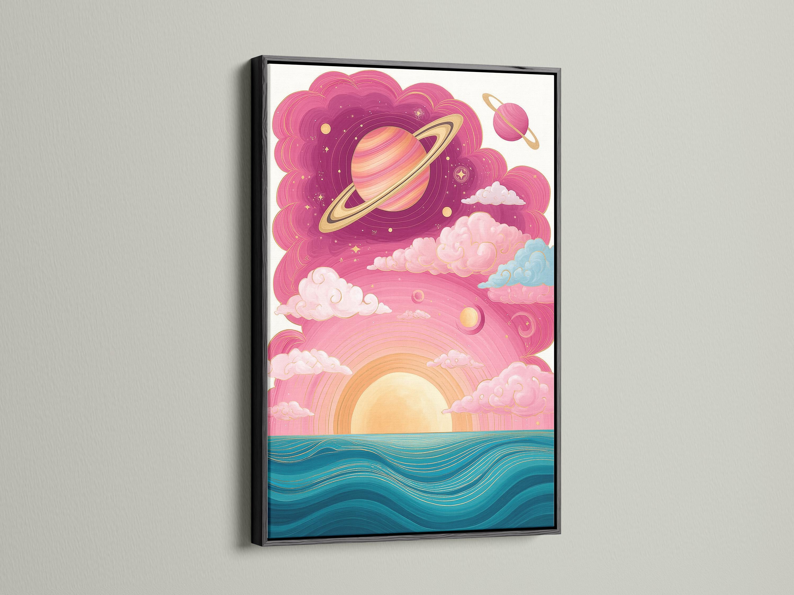 Whimsical ringed planet over swirling pink clouds with rainbow and teal ocean waves detail view