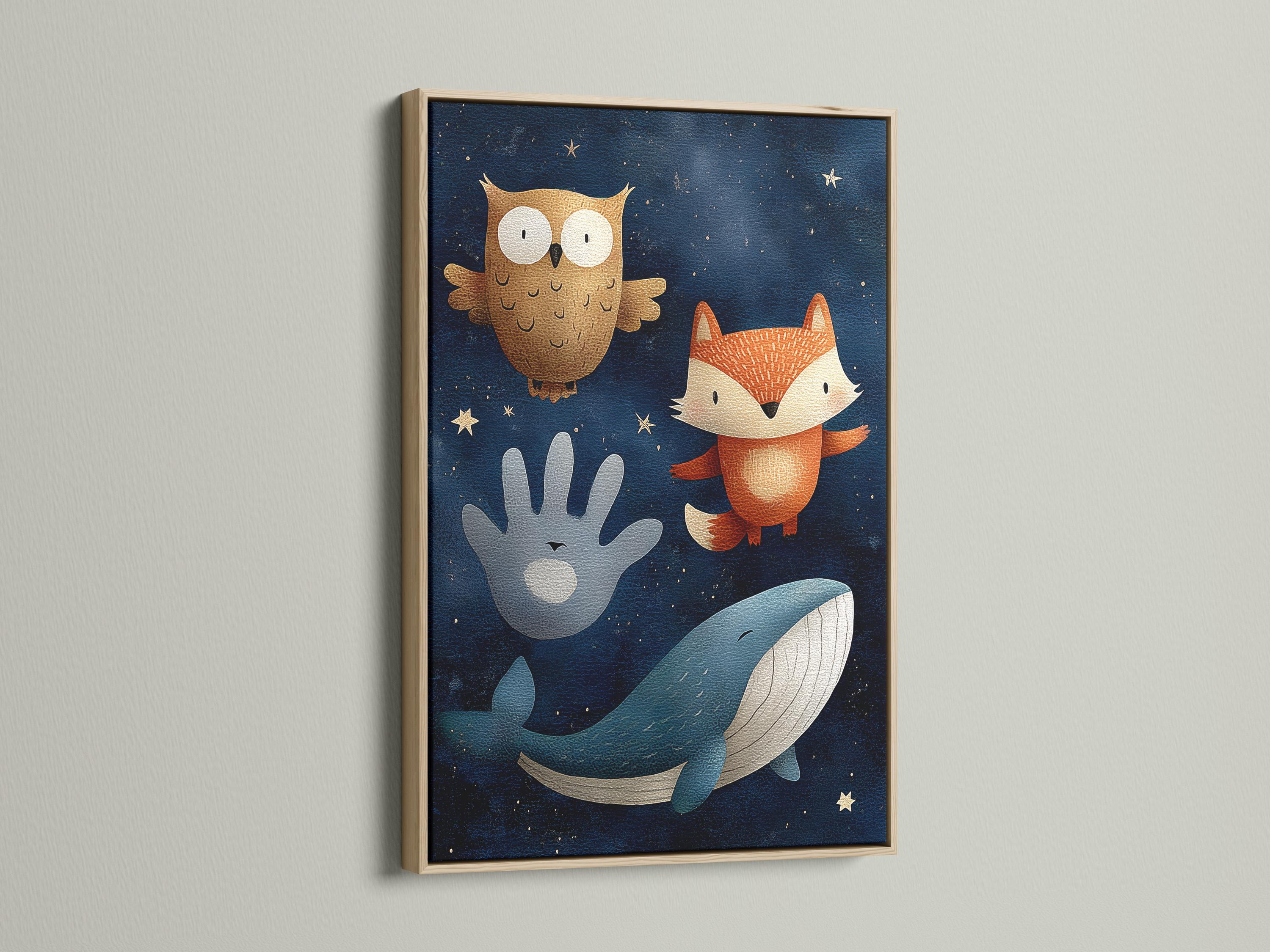 Illustrated whale, fox and owl in a navy starry-night scene with stars detail view