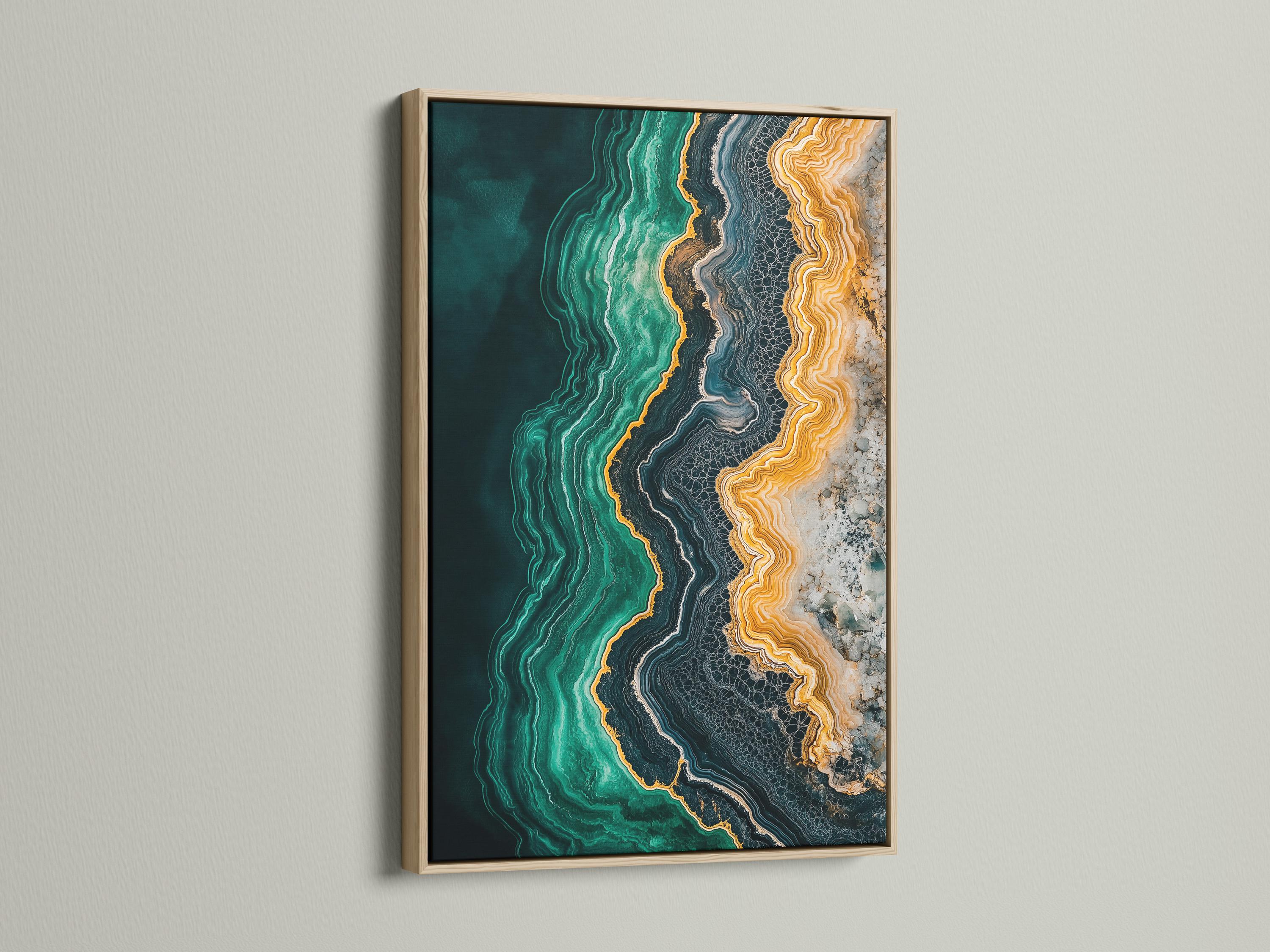 Office room mockup featuring a teal and gold abstract agate-style artwork on a wall
