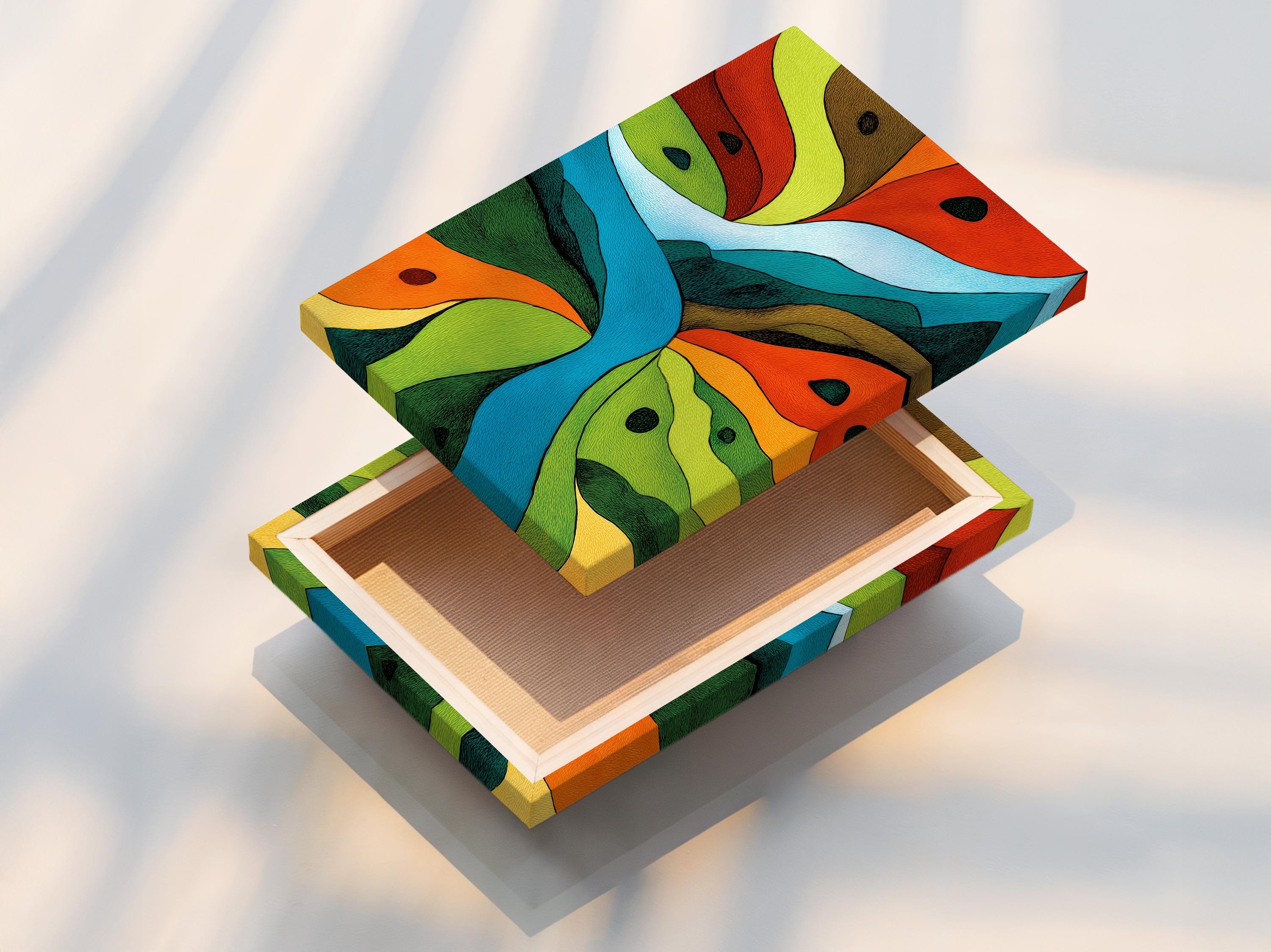 Abstract landscape artwork with sweeping green, orange and blue geometric curves detail view