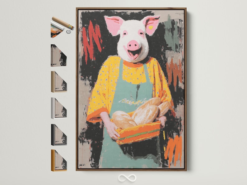 Stylised chef pig holding a tray of buns with a dark splattered background