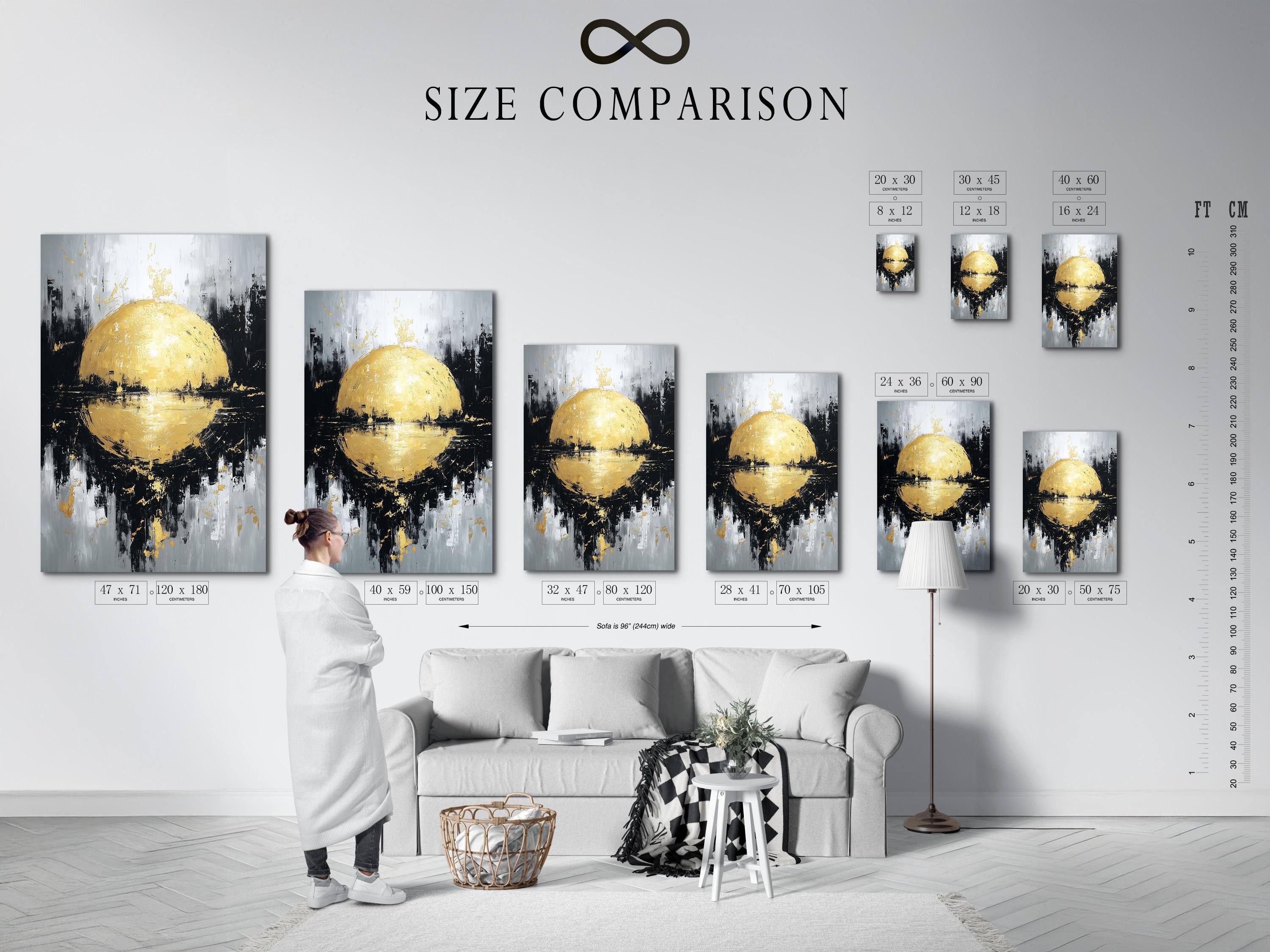 Gold sphere abstract wall art displayed in a framed mockup with surrounding layout options