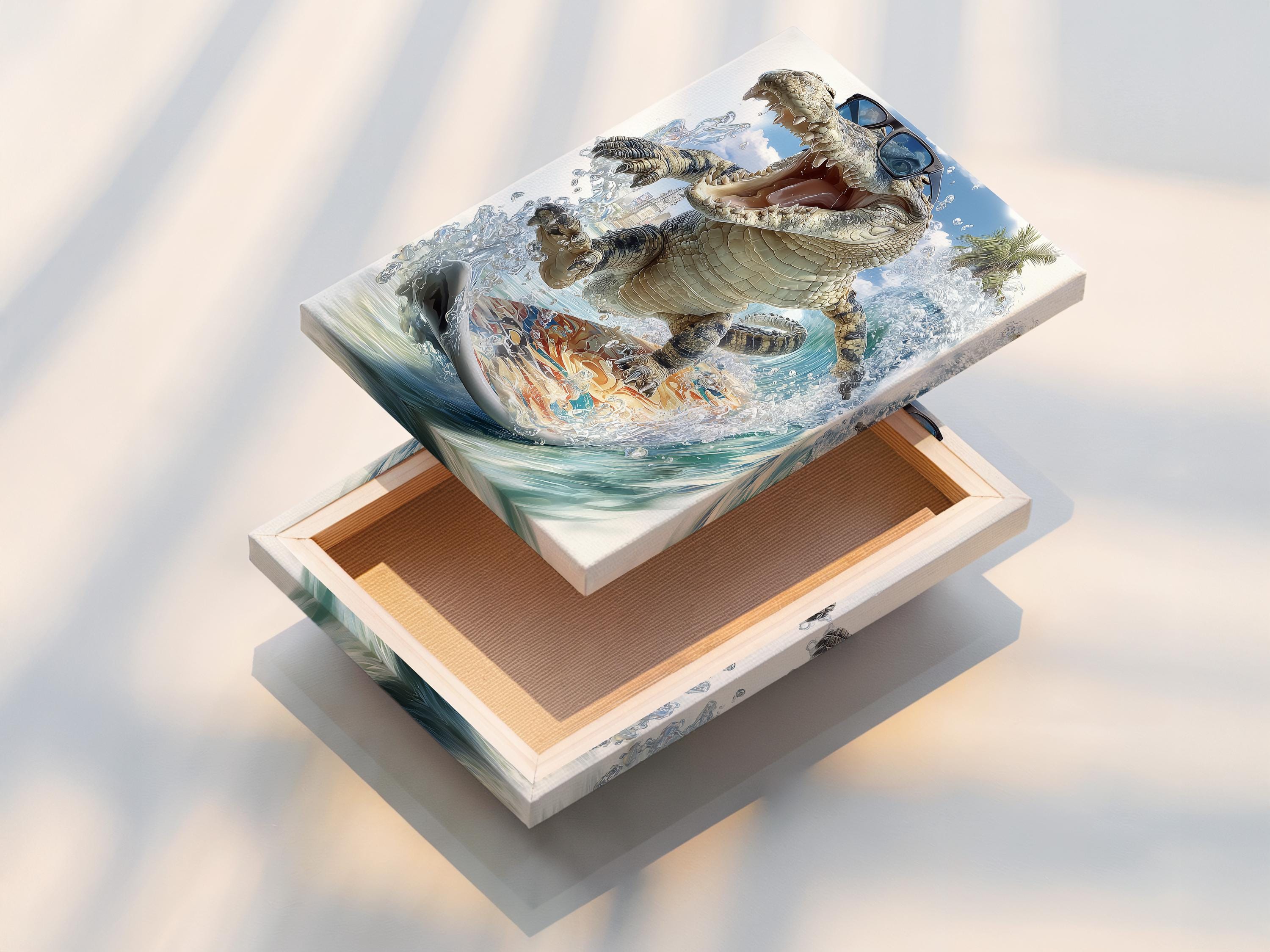 Roaring alligator with sunglasses surfing on a surfboard through foamy blue waves detail view