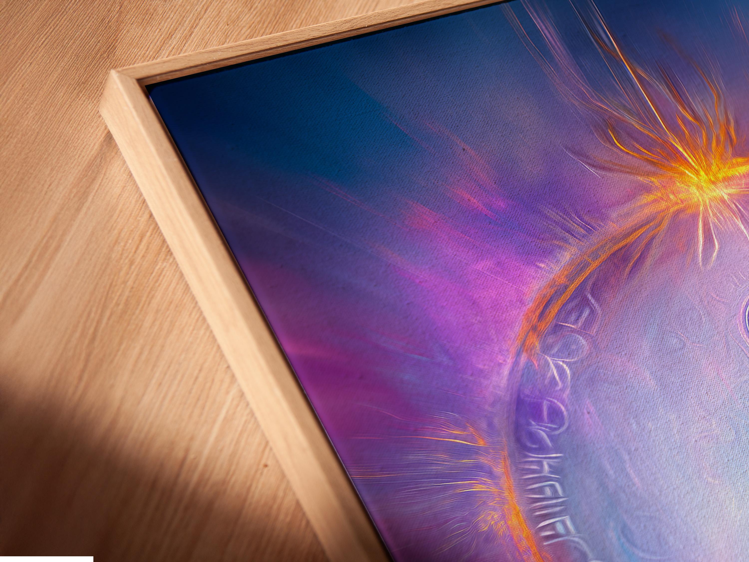 A cosmic yin-yang symbol glows in swirling purples and blues, framed by bright orange light rays and soft halo effects detail view