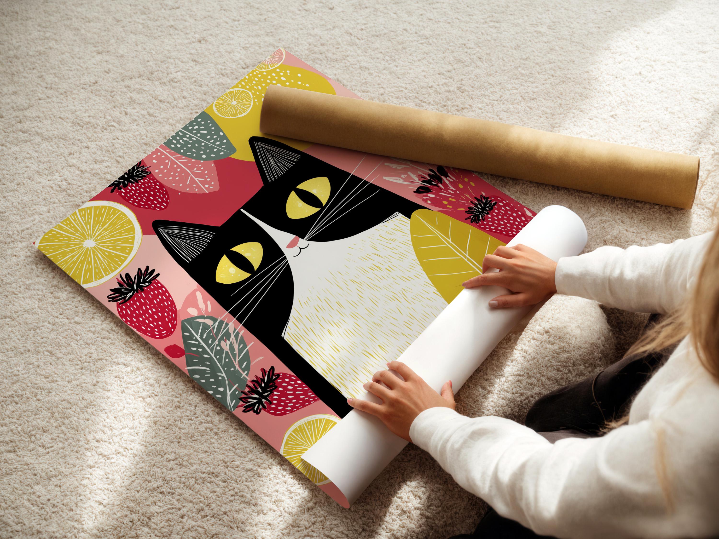 Illustrated black cat with yellow eyes surrounded by strawberries, citrus slices and leaves detail view