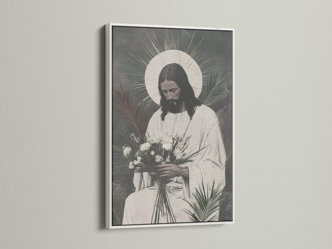 A monochrome illustration of Jesus seated and looking down, framed by a halo, with botanical leaves and dandelion-like flowers at the foreground