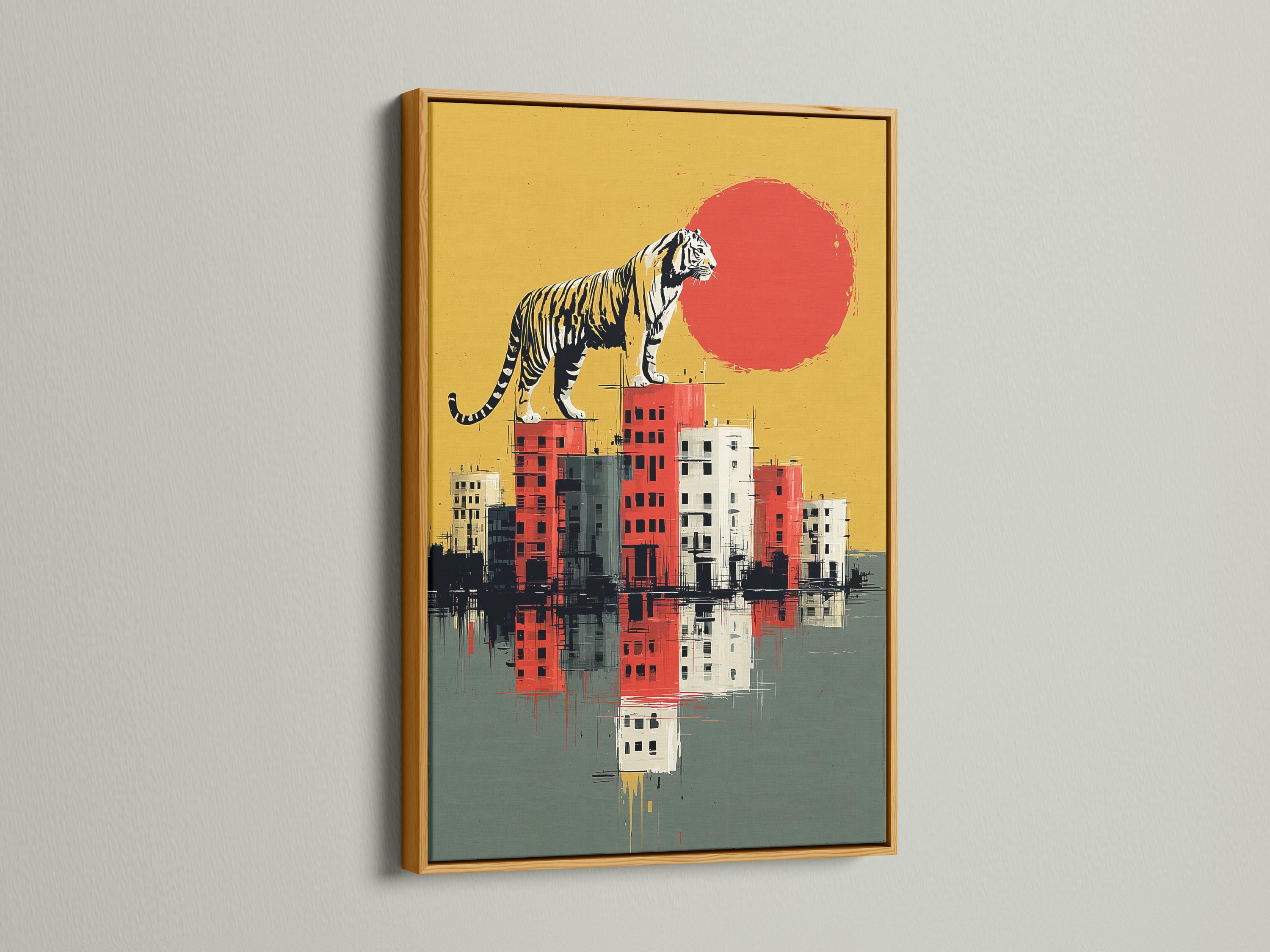 Stylised tiger standing above a blocky cityscape with mirrored reflections in ochre and red detail view