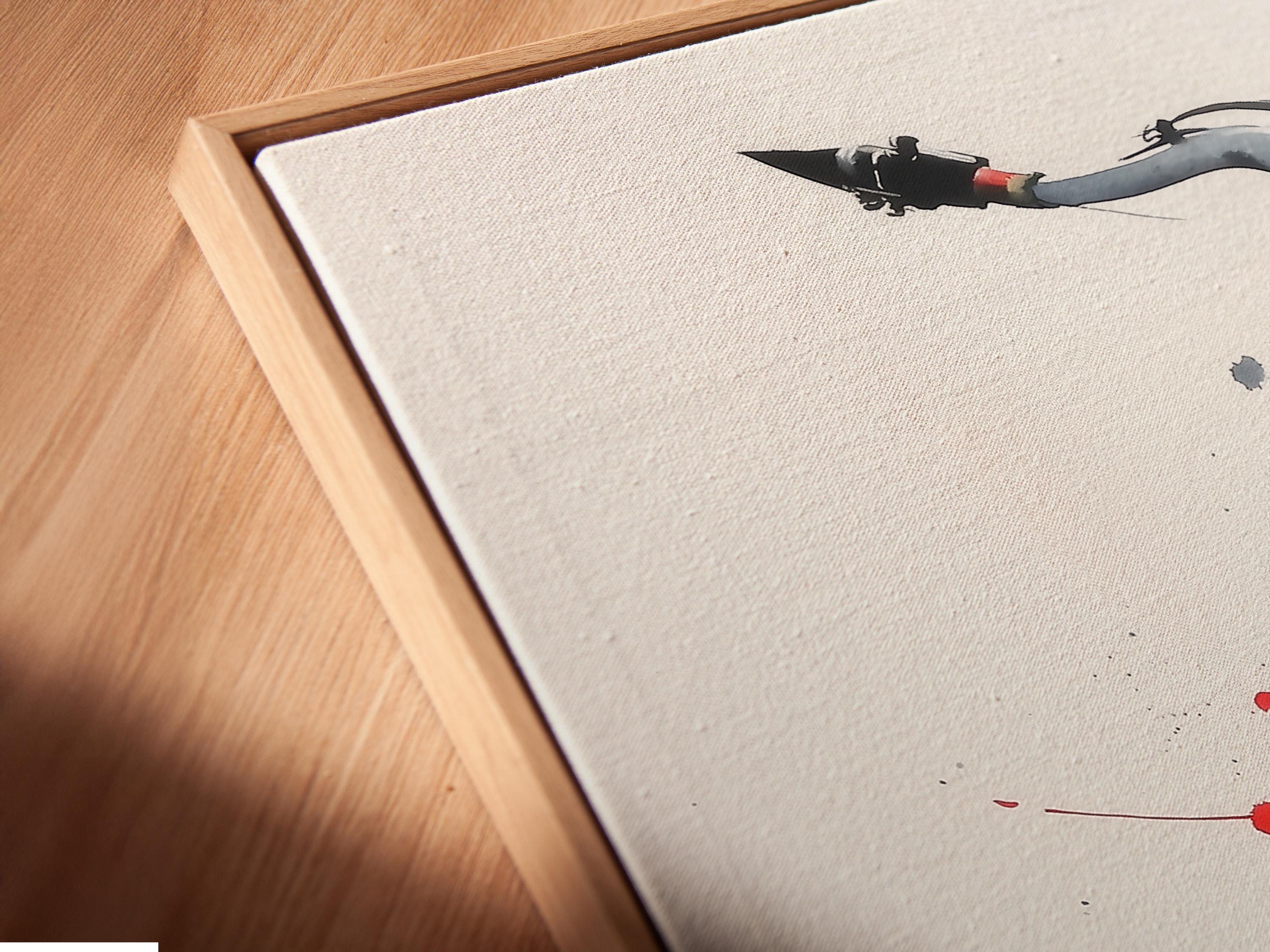 Red and black saxophone illustration with paint splatter marks on an off-white background detail view