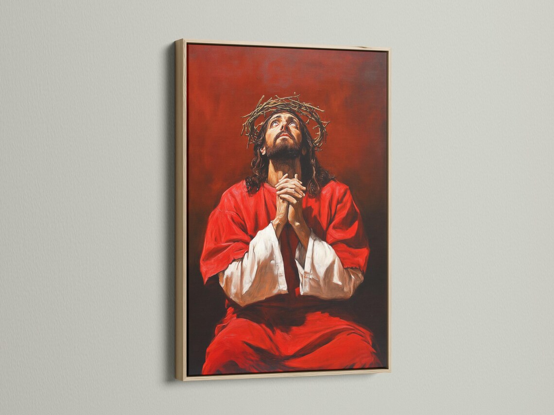 Painterly portrait of Jesus with a crown of thorns, red robe, and praying hands against a dark red-brown background detail view