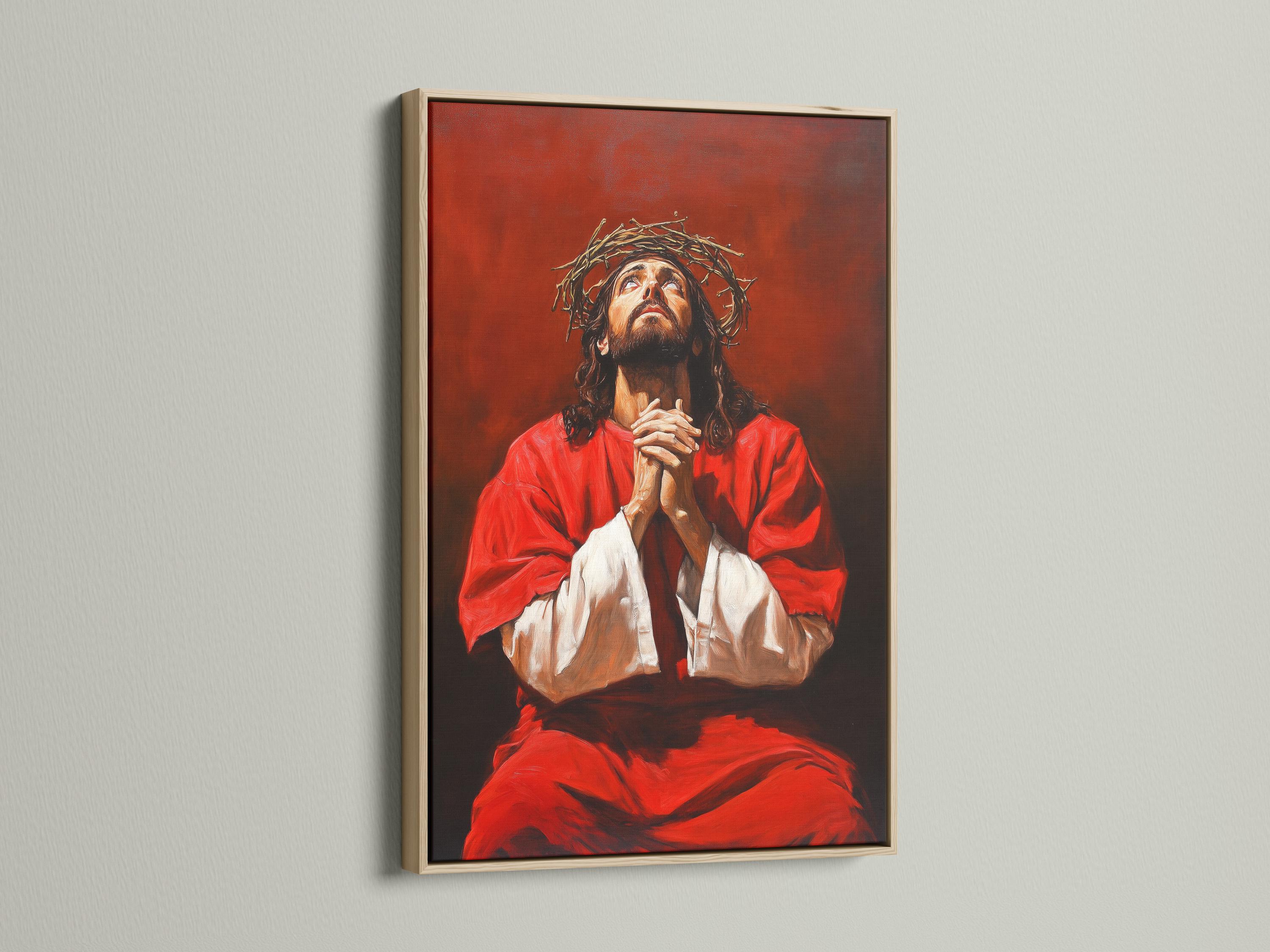Painterly portrait of Jesus with a crown of thorns, red robe, and praying hands against a dark red-brown background detail view