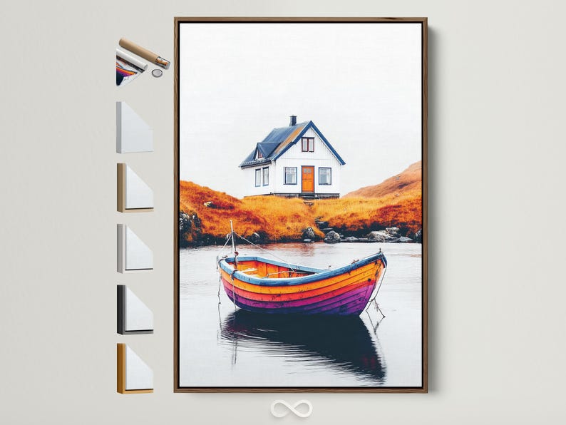 A blue-and-orange house sits above a calm lake with a brightly painted striped boat in the foreground, mirrored on the water