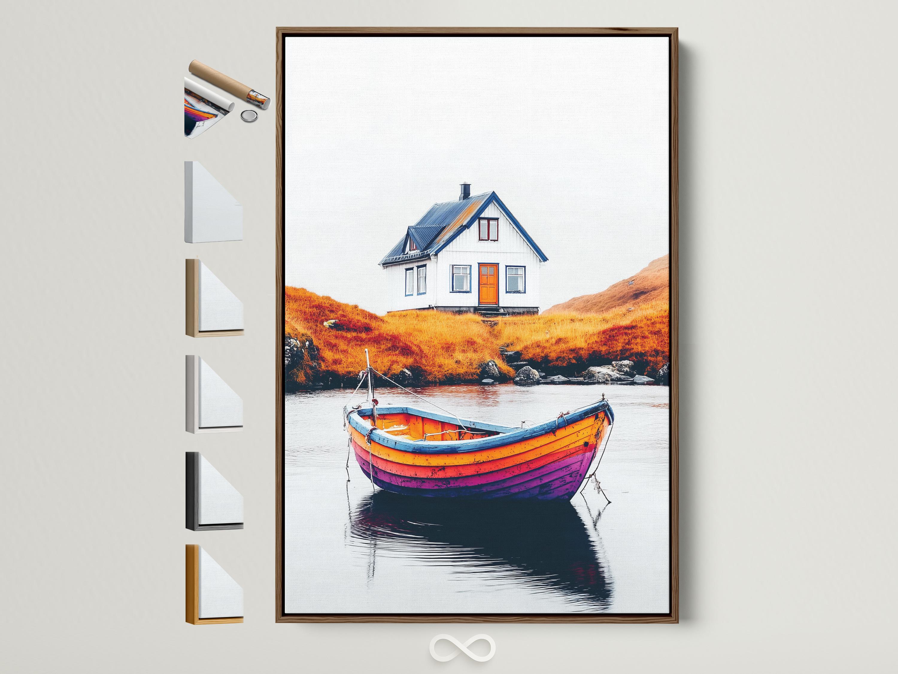 A blue-and-orange house sits above a calm lake with a brightly painted striped boat in the foreground, mirrored on the water
