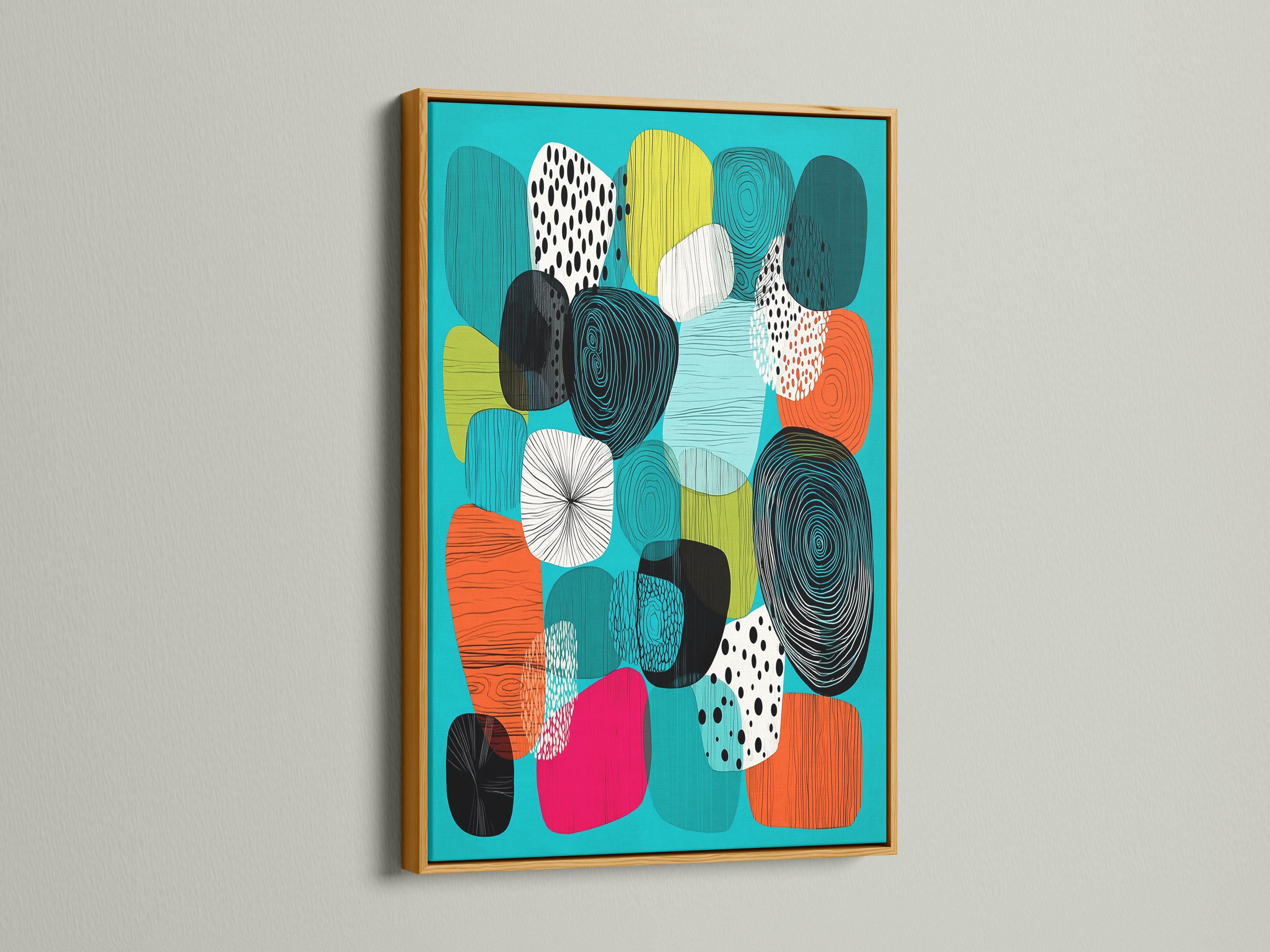 Abstract artwork in a framed composition with turquoise background and patterned shapes