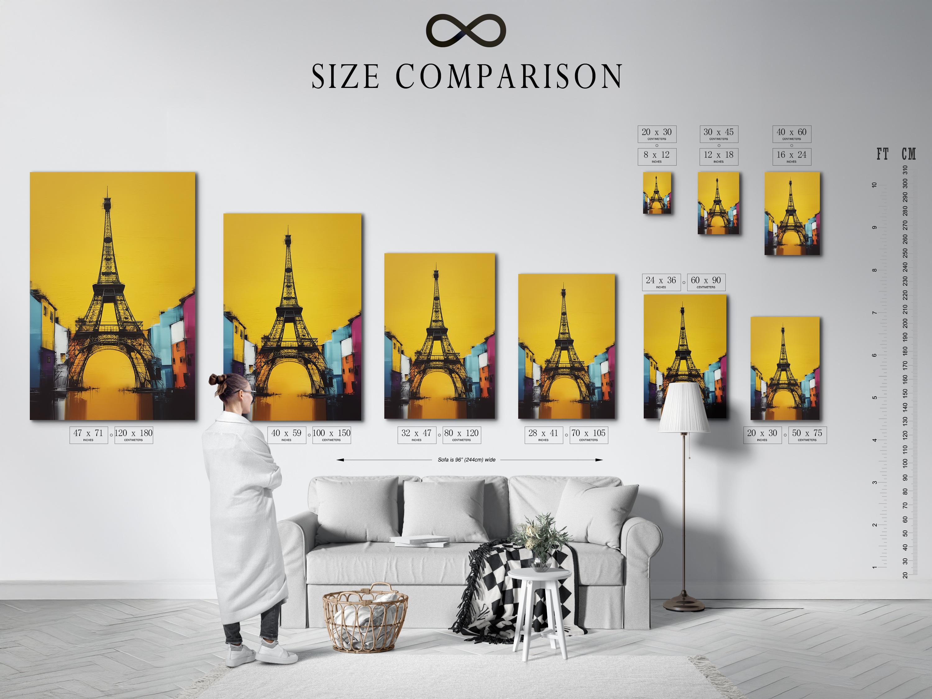 Stylised Eiffel Tower in black with a bright yellow background and colourful city buildings detail view