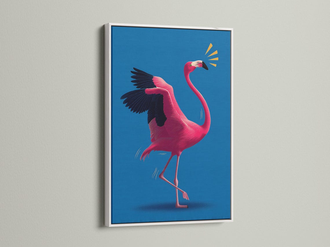 Stylised hot pink flamingo in profile on a vivid blue background with gold spark accents detail view
